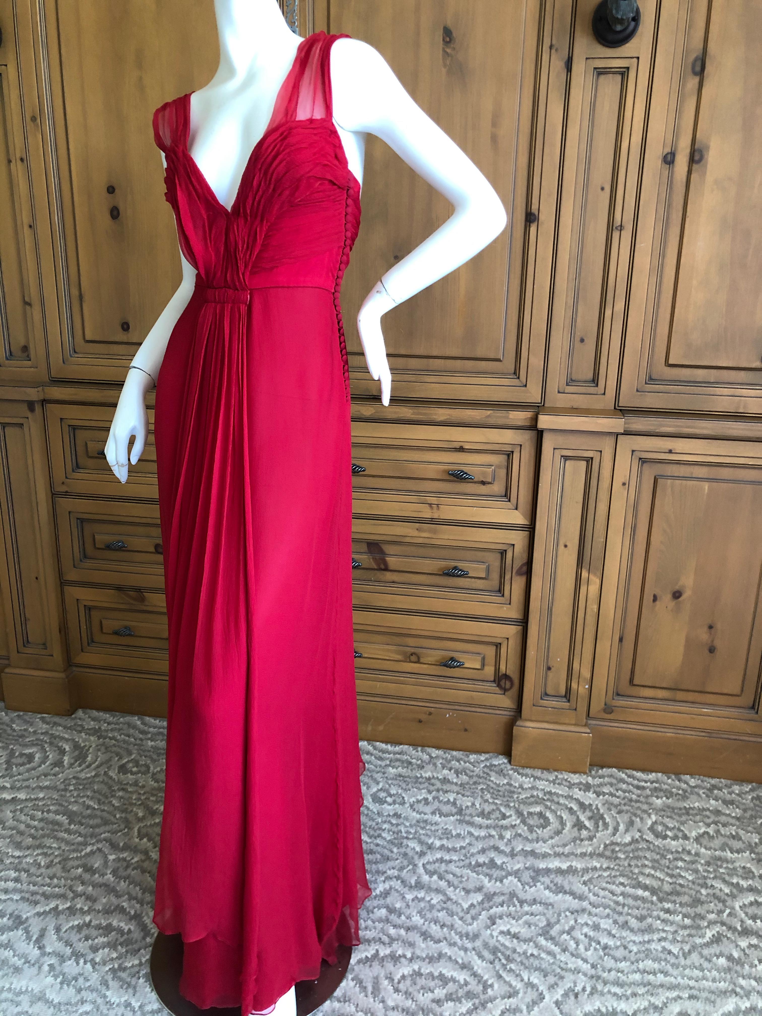 Christian Dior by John Galliano Red Silk Plunging Pleated Silk Dress  For Sale 2