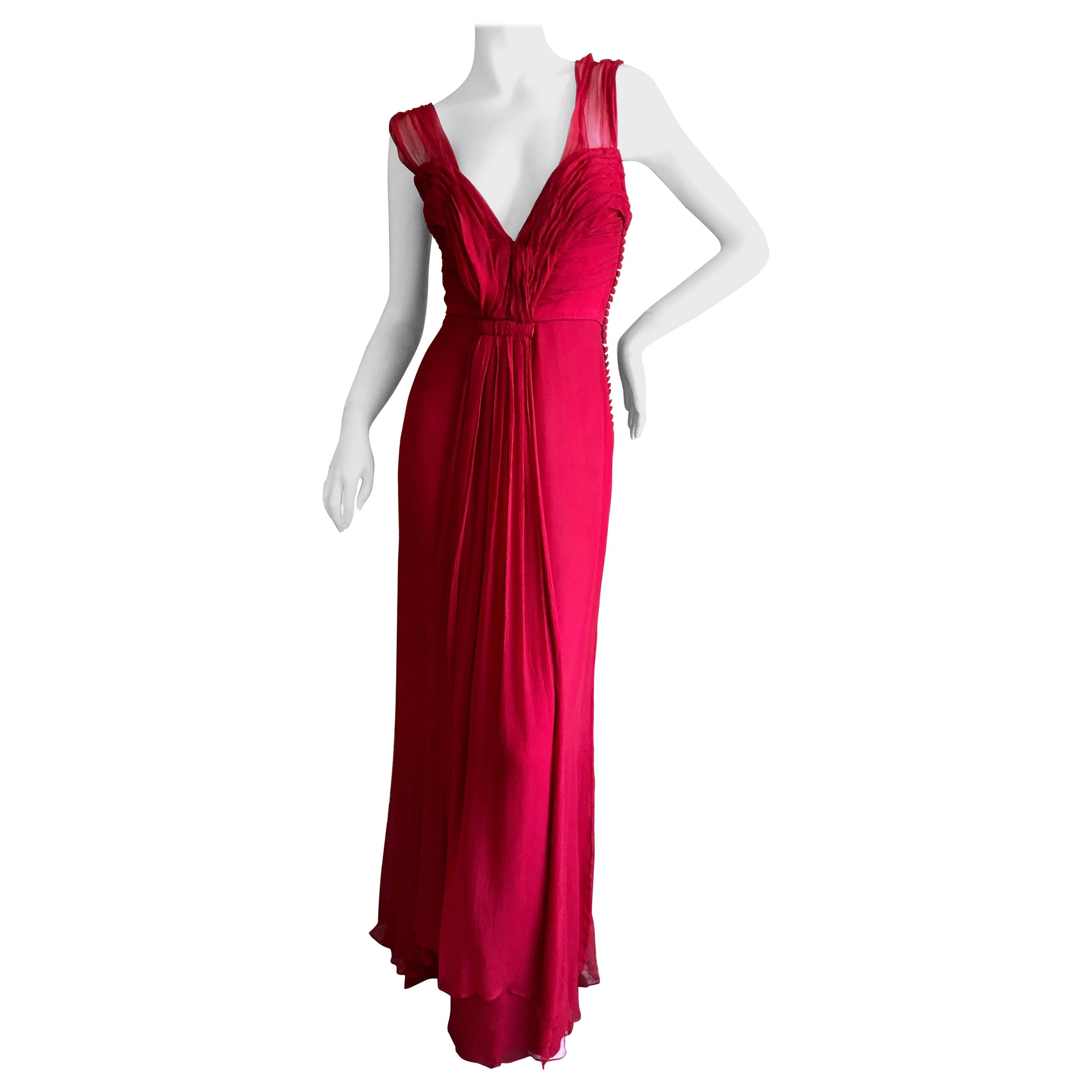 Christian Dior by John Galliano Red Silk Plunging Pleated Silk Dress  For Sale