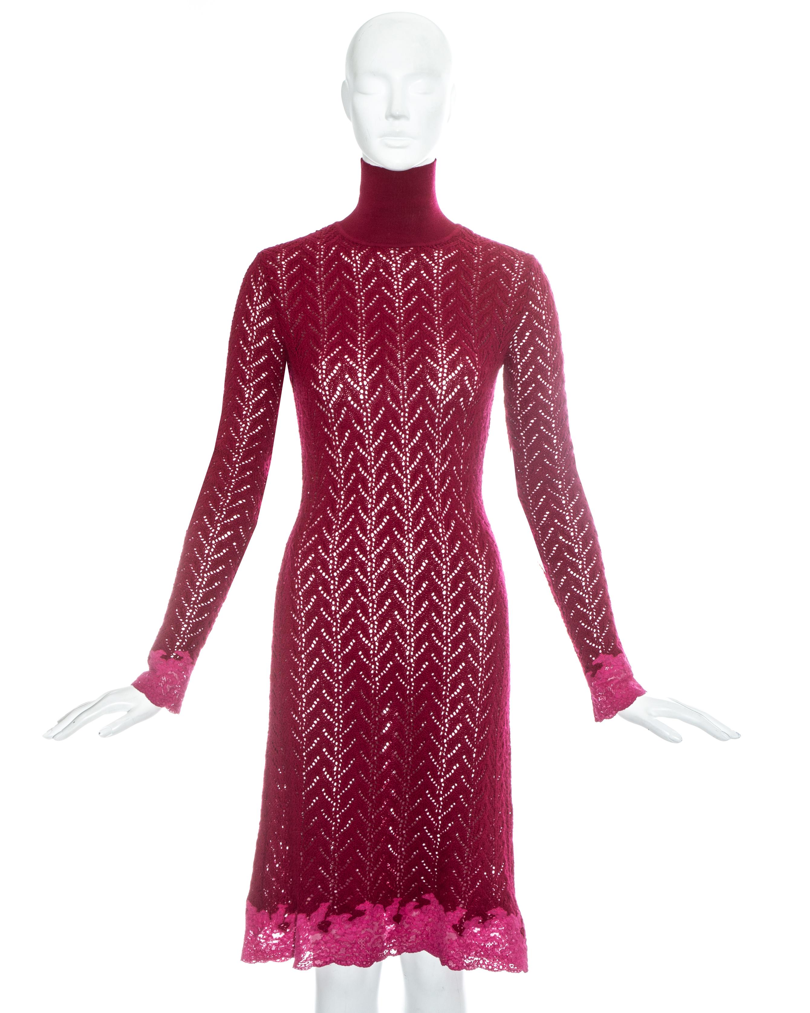 Christian Dior by John Galliano, red crochet knit mid-length sweater dress with turtle neck and lingerie style pink lace trim on skirt.

Fall-Winter 1998