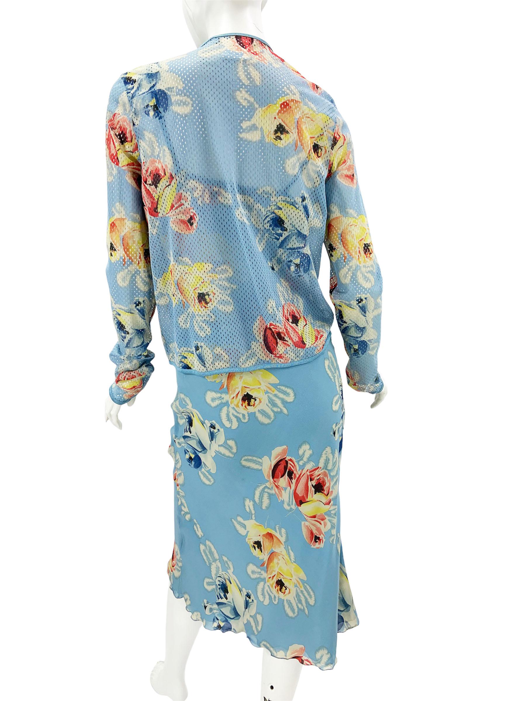 Christian Dior par John Galliano - Ensemble 3 pièces avec jupe en soie imprimée de fleurs bleues, printemps-été 2001 Excellent état - En vente à Montgomery, TX