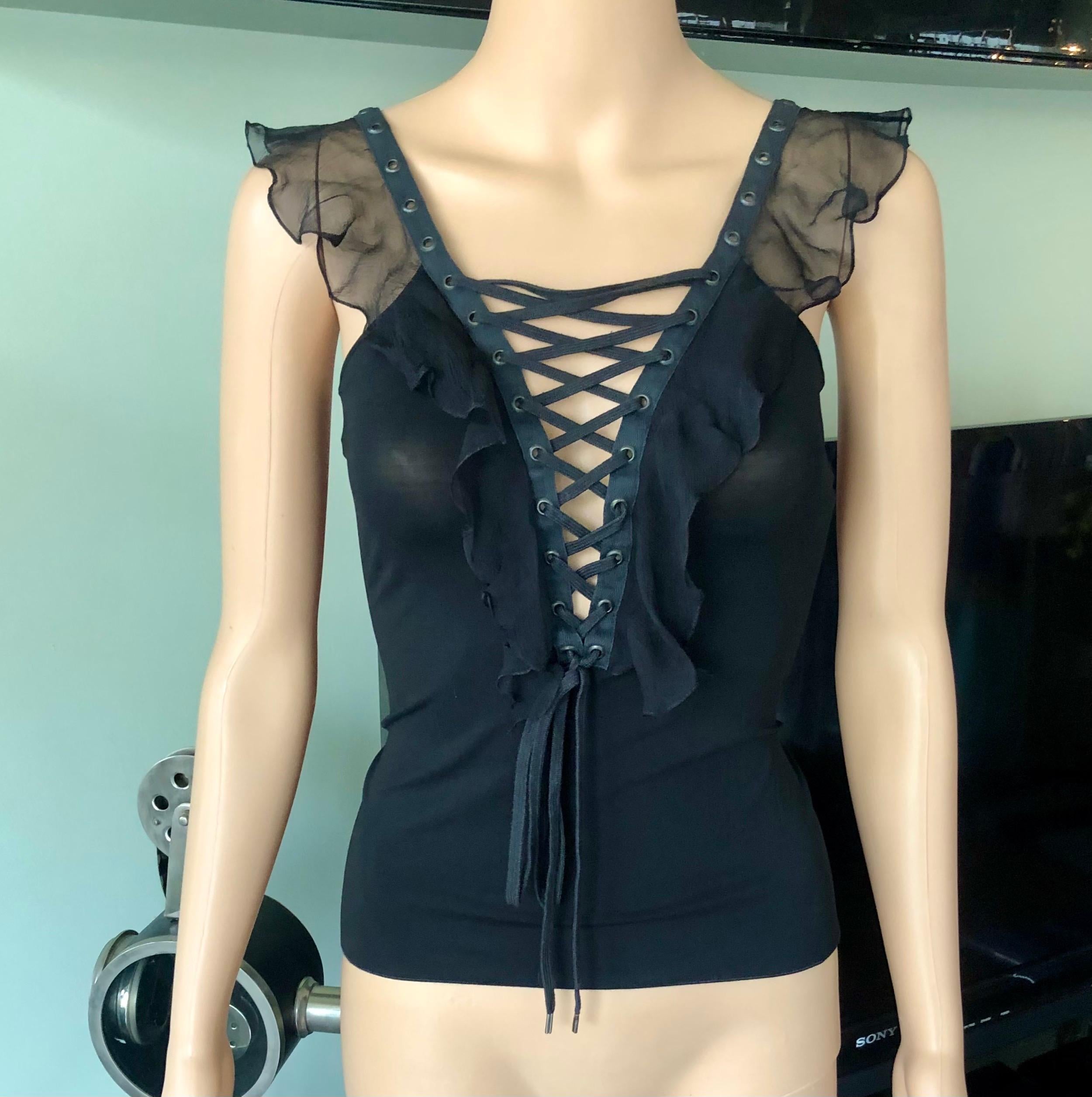 Christian Dior By John Galliano S/S 2003 Plunging Lace Up Tie Up Black Top FR 36

