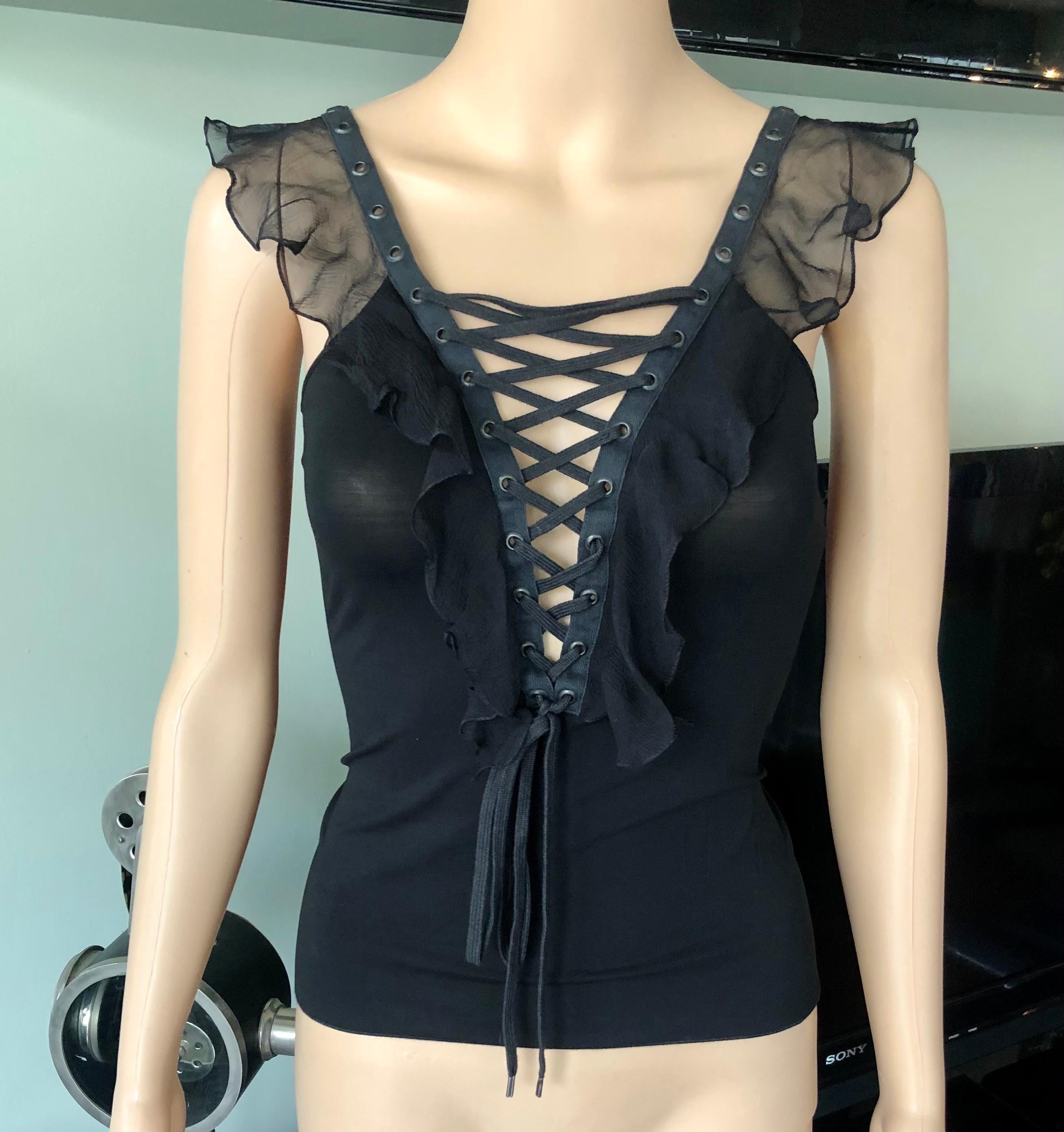 Christian Dior By John Galliano S/S 2003 Plunging Lace Up Tie Up Black Top In Good Condition For Sale In Naples, FL