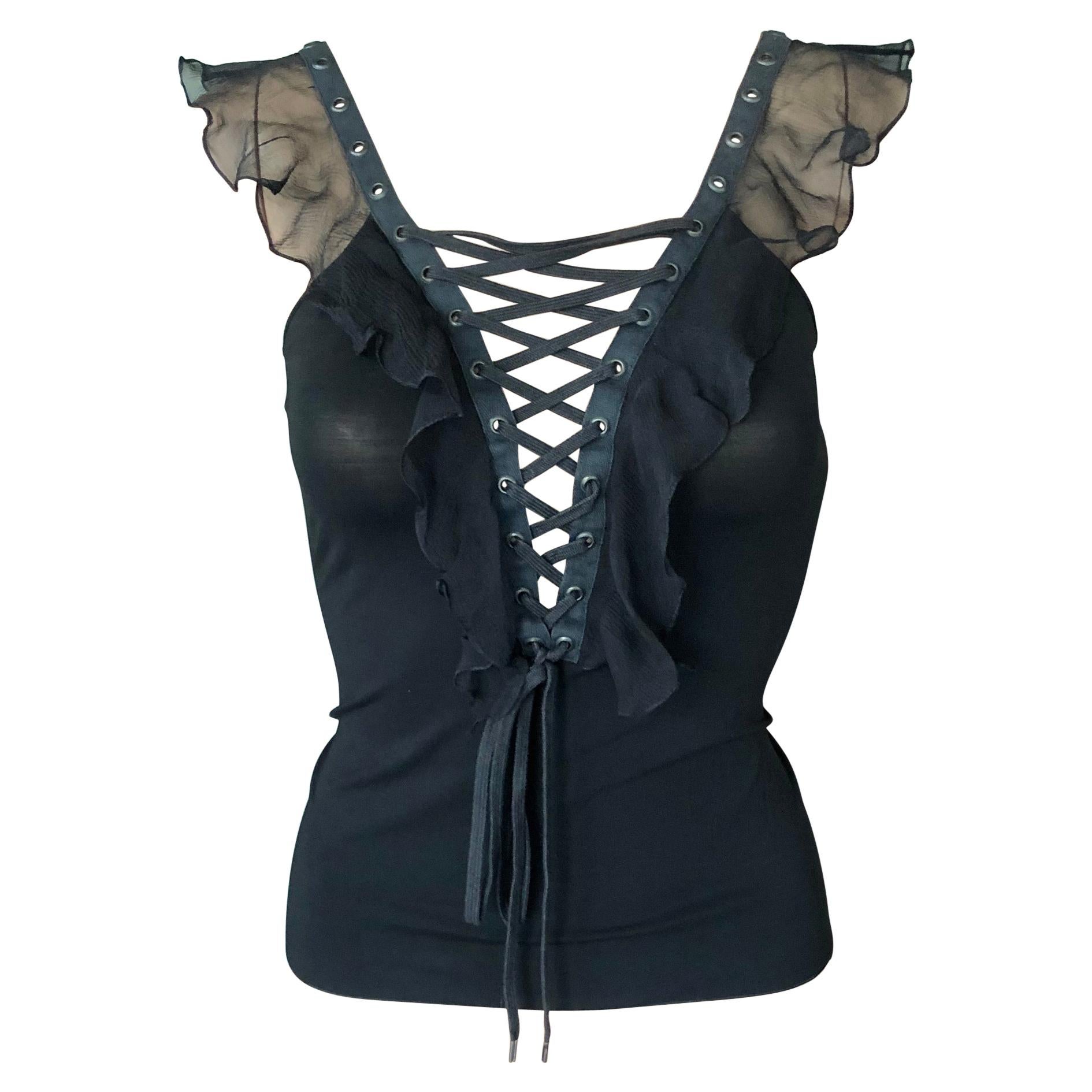 Christian Dior By John Galliano S/S 2003 Plunging Lace Up Tie Up Black Top