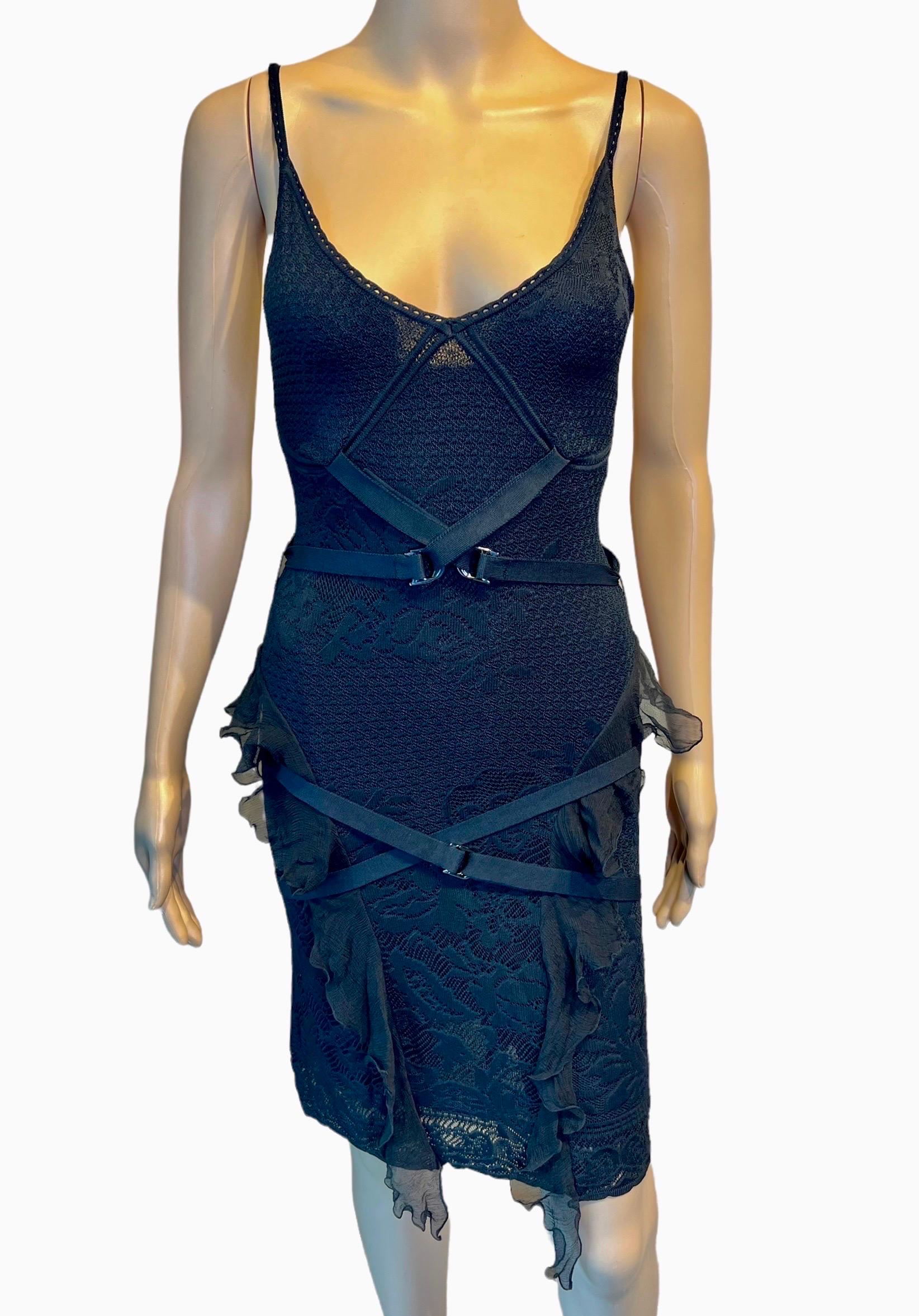 Christian Dior by John Galliano S/S 2003 Ruffled Belted Sheer Lace Bondage Open Knit Black Dress FR 38


