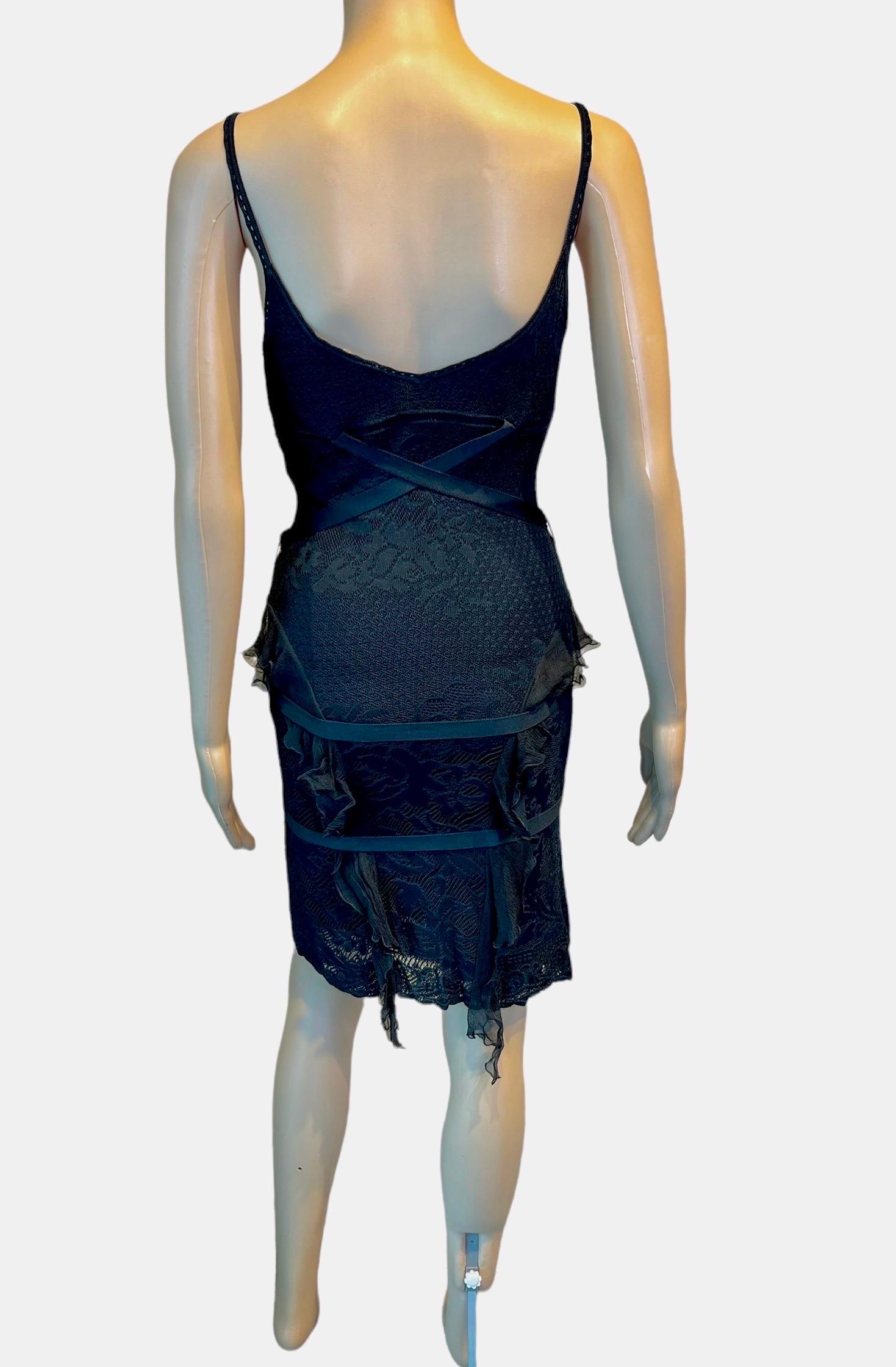 Women's Christian Dior by John Galliano S/S 2003 Sheer Lace Bondage Knit Black Dress  For Sale