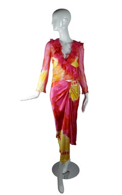 Christian Dior by John Galliano S/S 2003 Tie-Dye Silk Ruffled Top &  Skirt Set