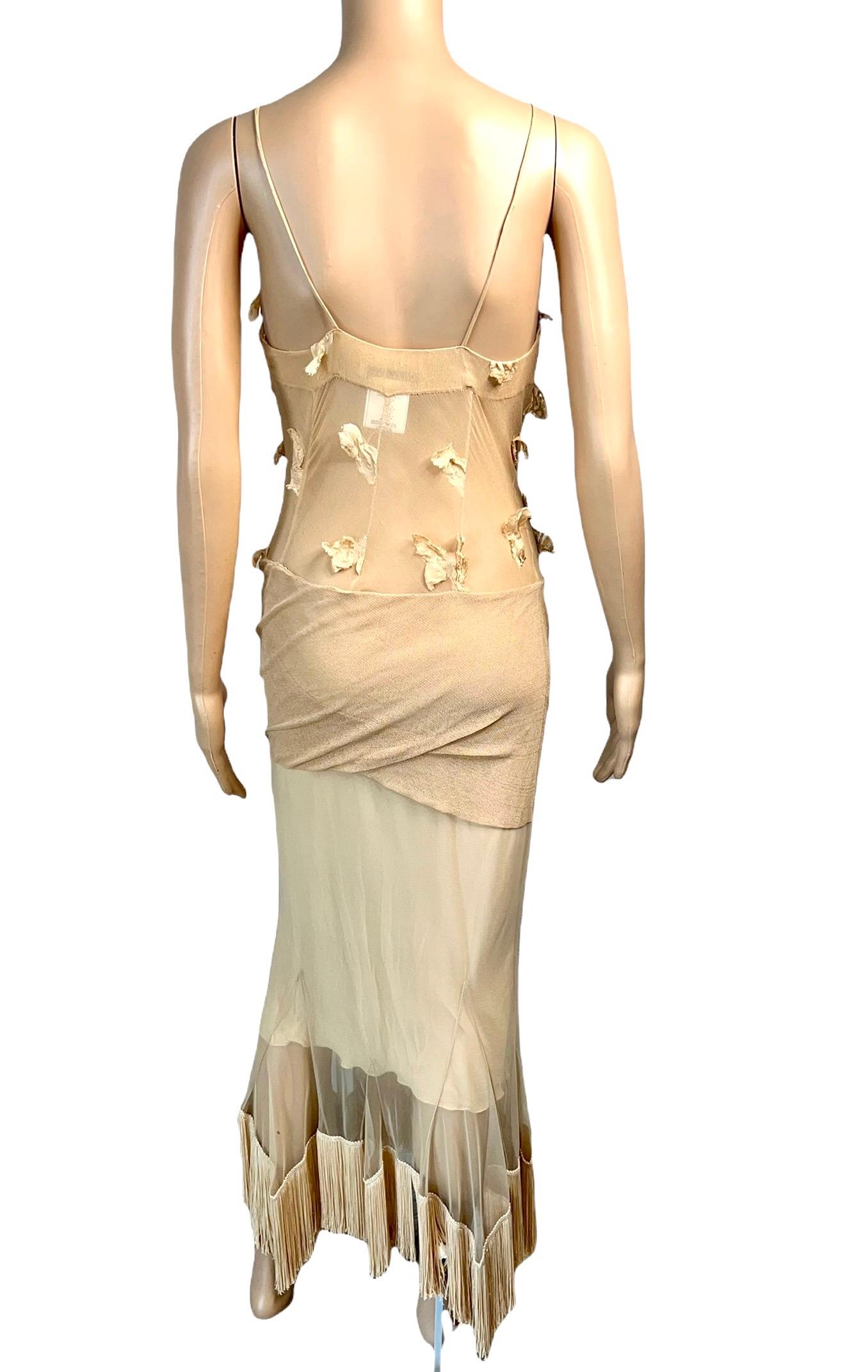 Christian Dior by John Galliano S/S 2004 Sheer Mesh Silk Fringed Evening Dress Gown FR 38
