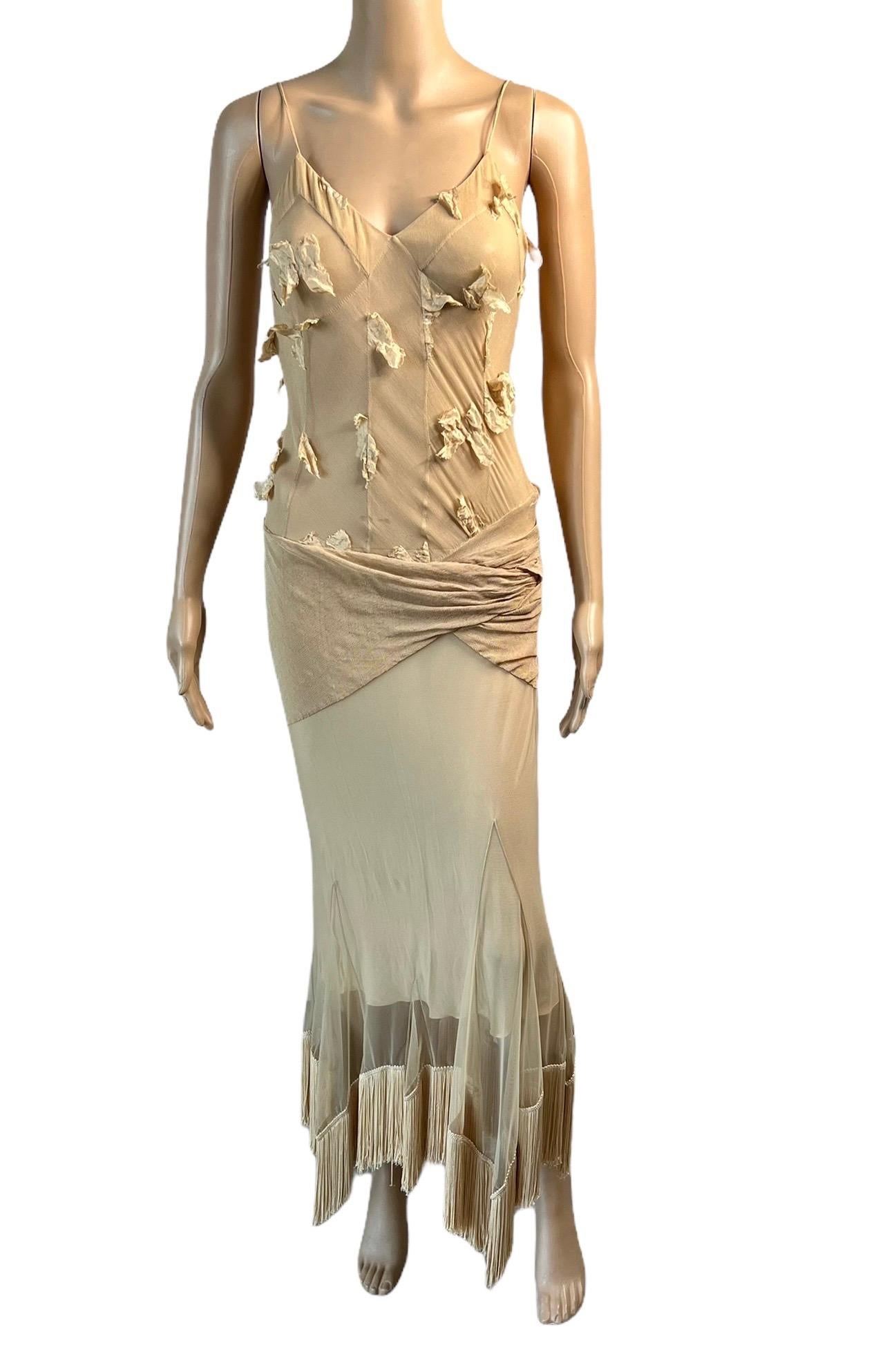 Beige Christian Dior by John Galliano S/S 2004 Sheer Mesh Fringed Evening Dress Gown