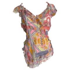 Christian Dior by John Galliano S/S 2005 Printed Silk Chiffon Ruffled Top