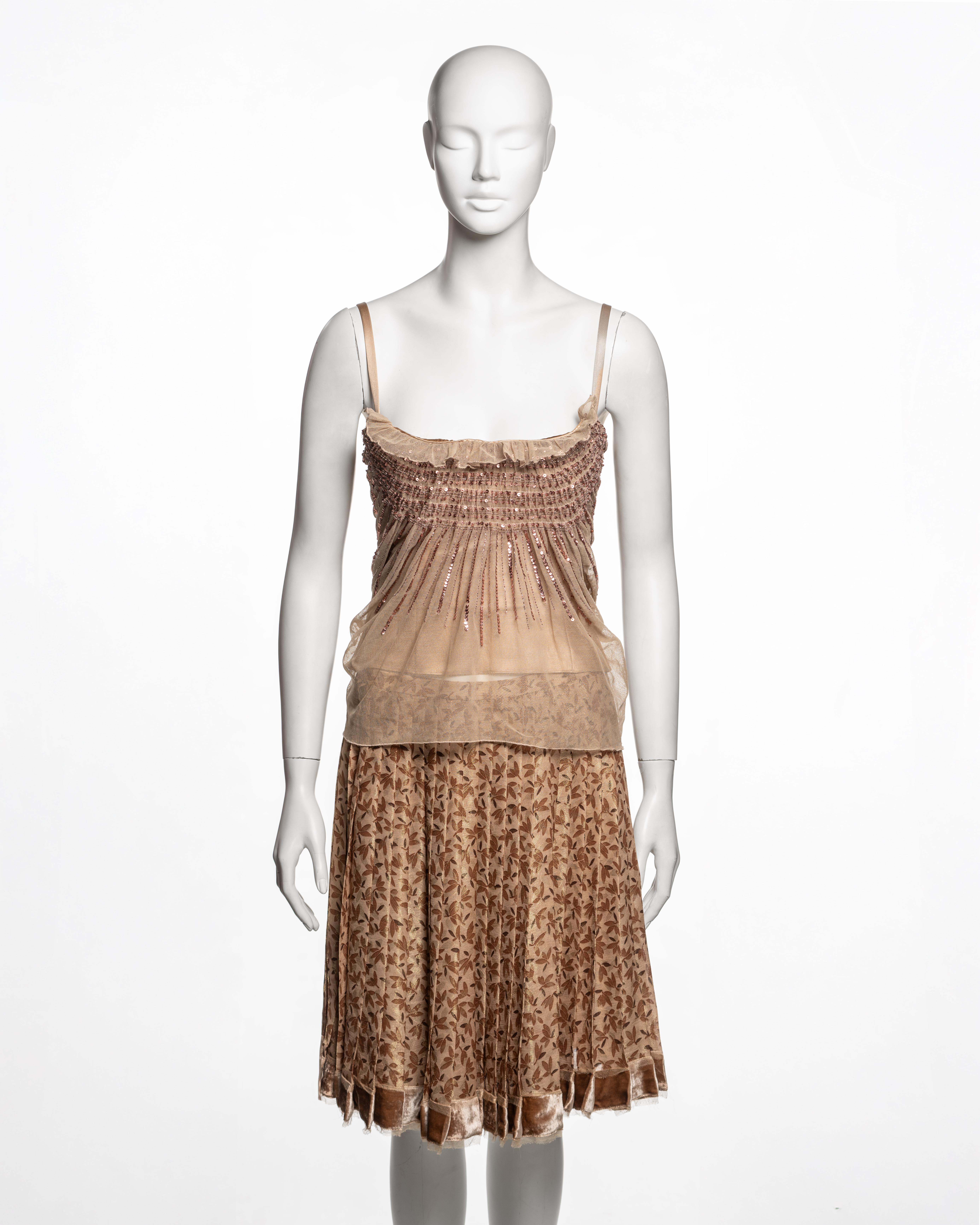 Christian Dior by John Galliano two-piece runway ensemble from the Fall-Winter 2005 collection in nude and warm brown tones. The camisole is nude stretch tulle with twin lingerie straps, straight neckline finished with a narrow tulle frill, a