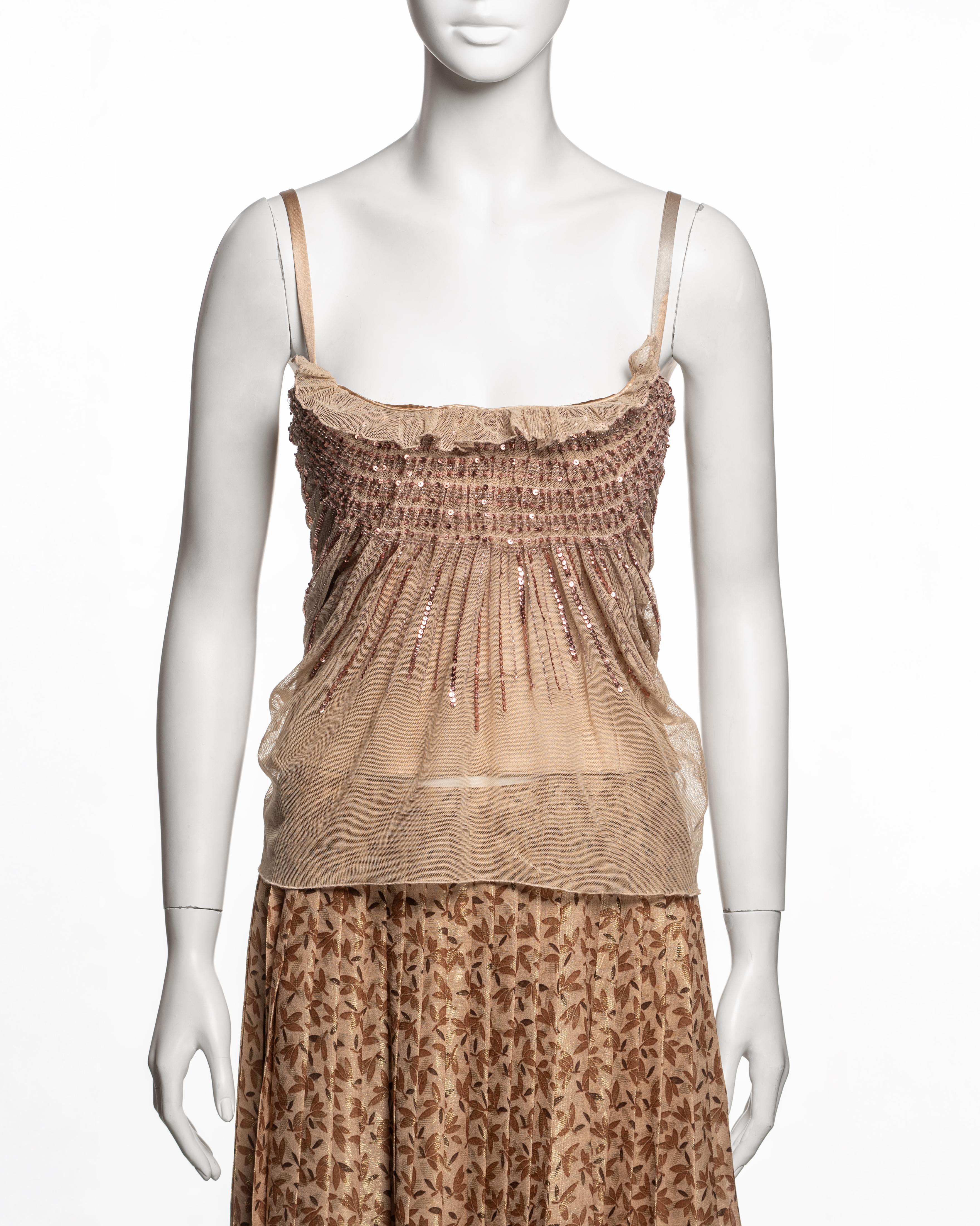 Brown Christian Dior by John Galliano Sequin Tulle Top & Flocked Skirt Set, FW 2005 For Sale