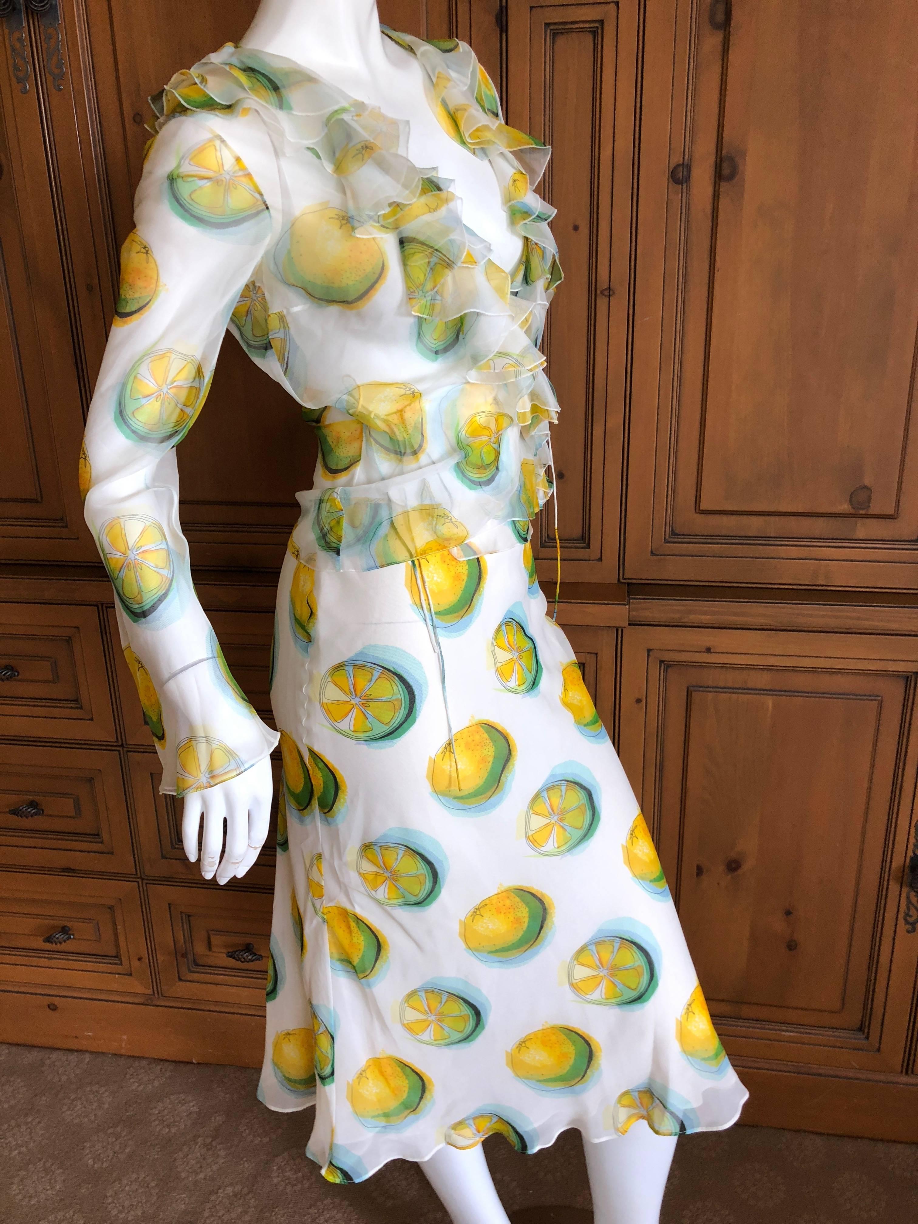 Christian Dior John Galliano Sheer Silk Two Piece Ruffled Low Cut Lemon Dress  In Excellent Condition For Sale In Cloverdale, CA