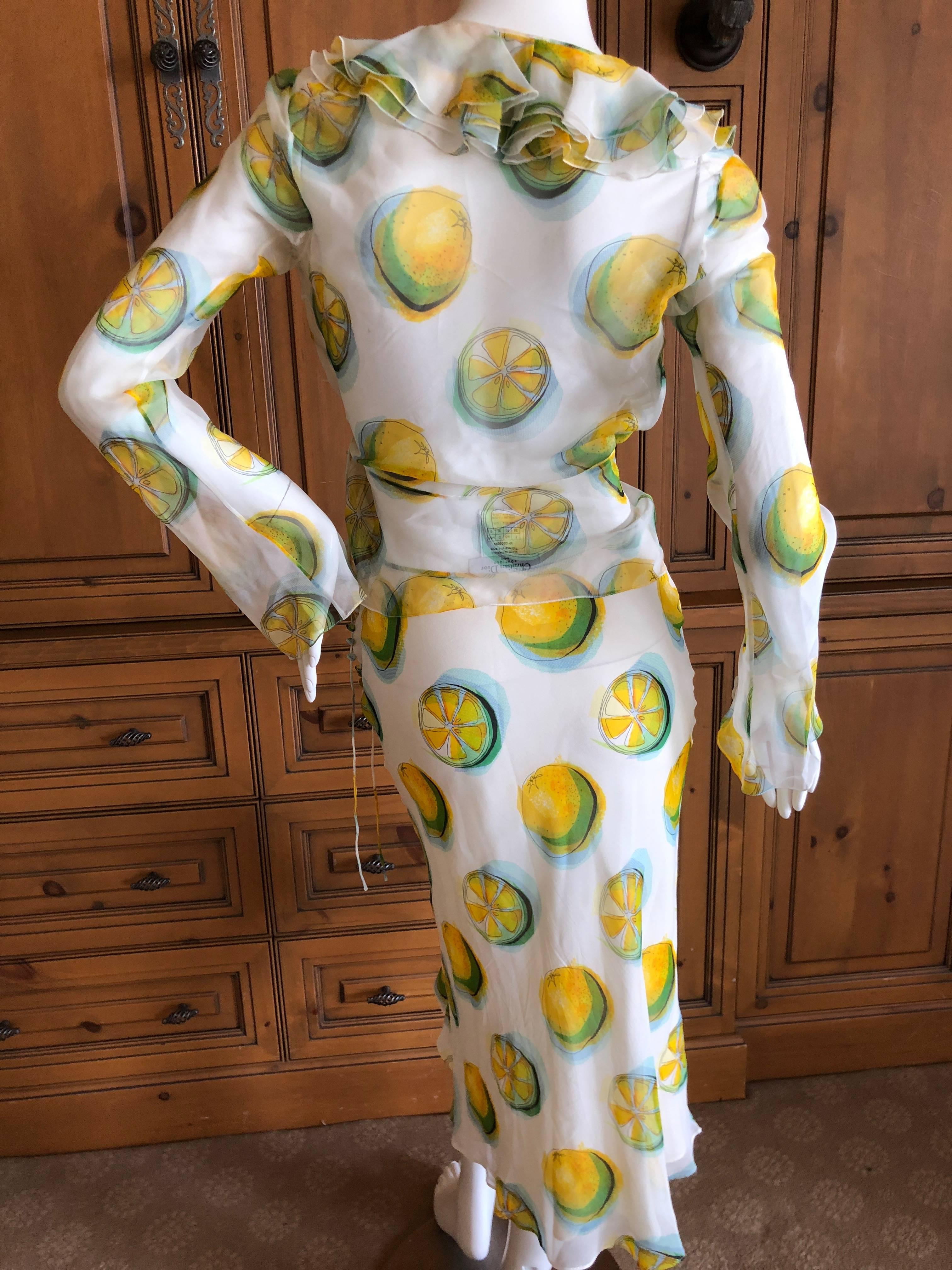 Christian Dior John Galliano Sheer Silk Two Piece Ruffled Low Cut Lemon Dress  For Sale 1