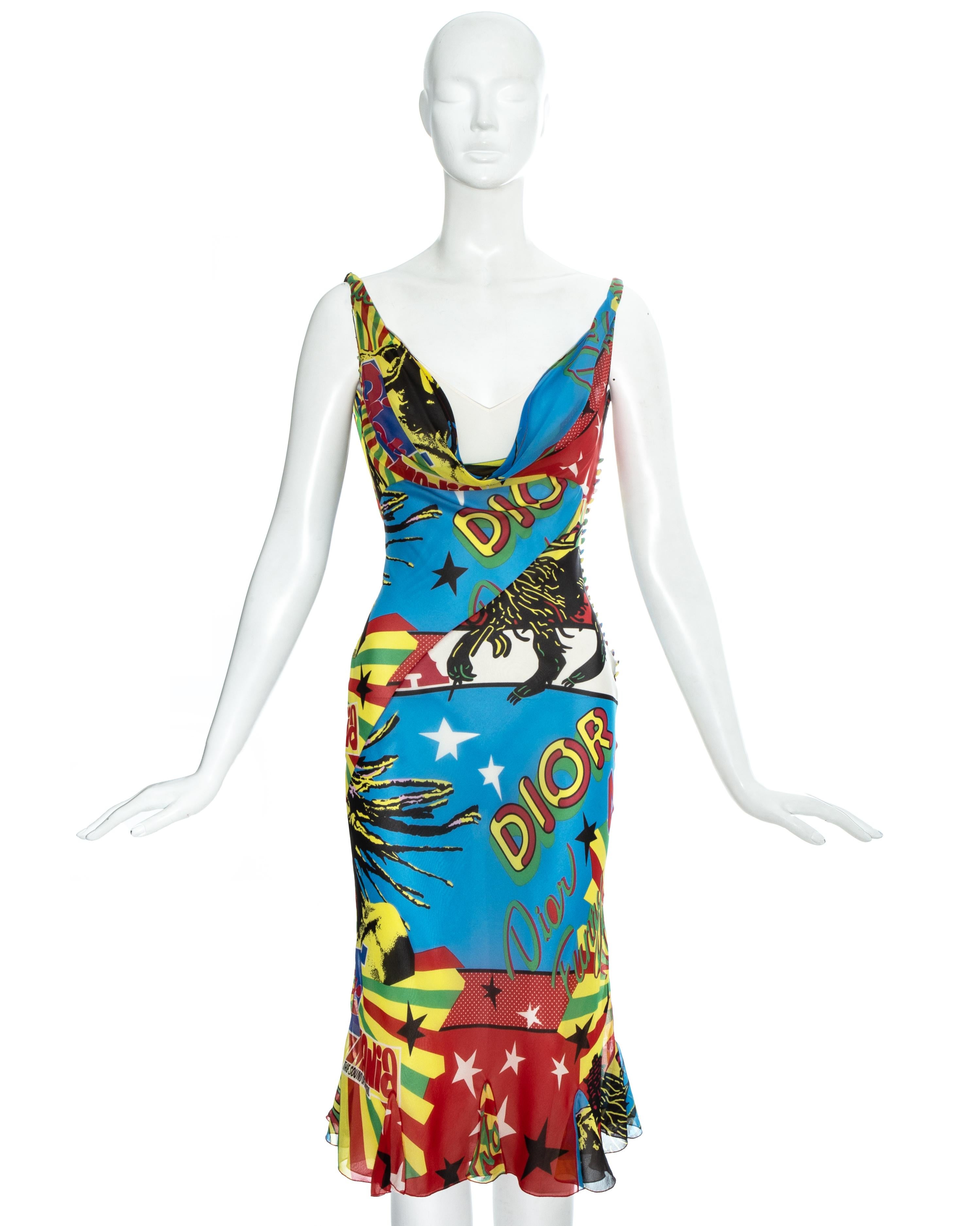 Christian Dior by John Galliano silk chiffon mid-length evening dress with signature 'Rasta Mania' print, draped cleavage, open back, fabric button fastenings and attached cream silk slip dress  

Spring-Summer 2004