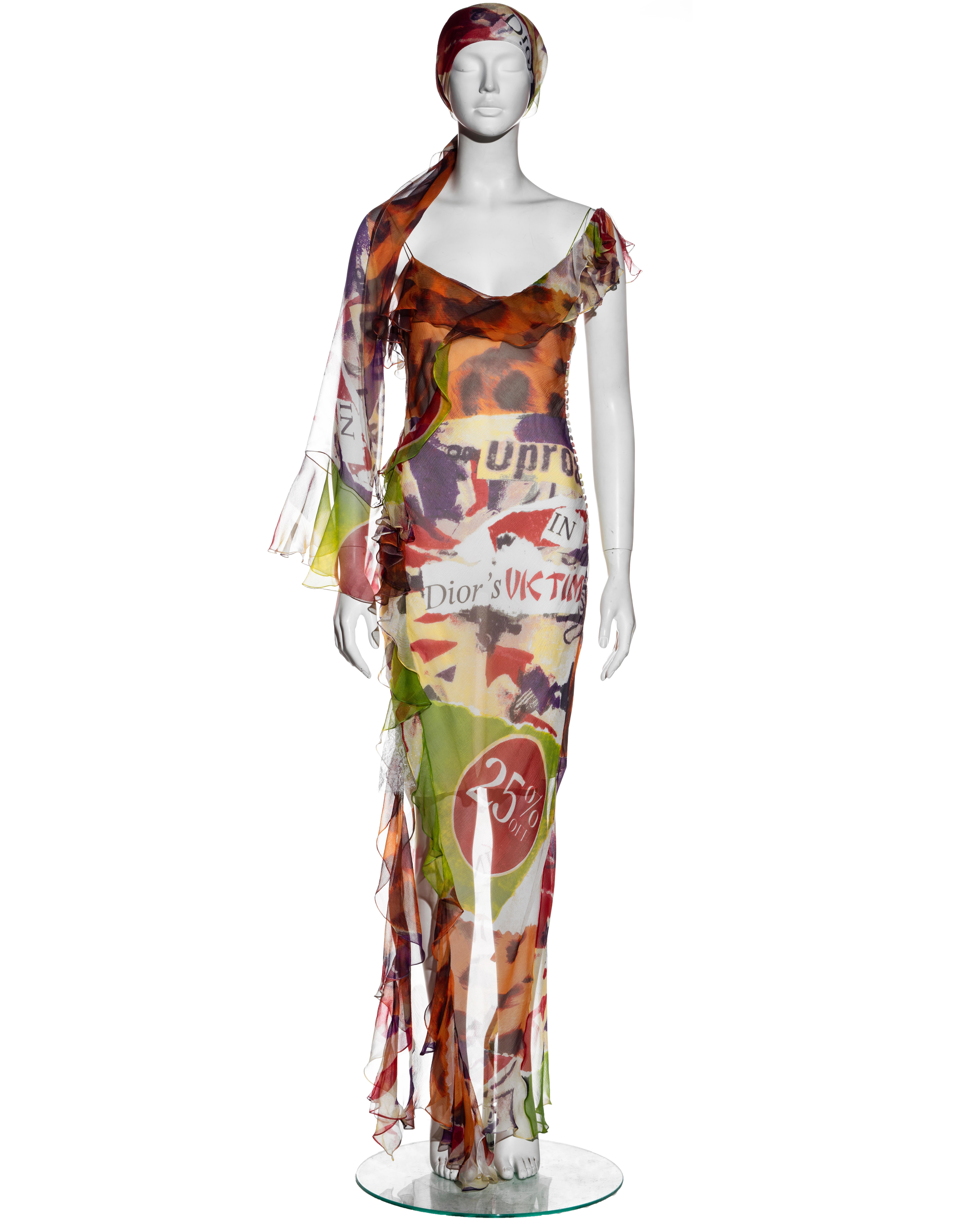 ▪ Christian Dior multicoloured silk chiffon evening dress
▪ Designed by John Galliano
▪ Montage print featuring Union Jack flag, Cheetah print, '25% off' stickers and newspaper clippings 
▪ Spaghetti straps
▪ Leg slit 
▪ Frills around the neckline,