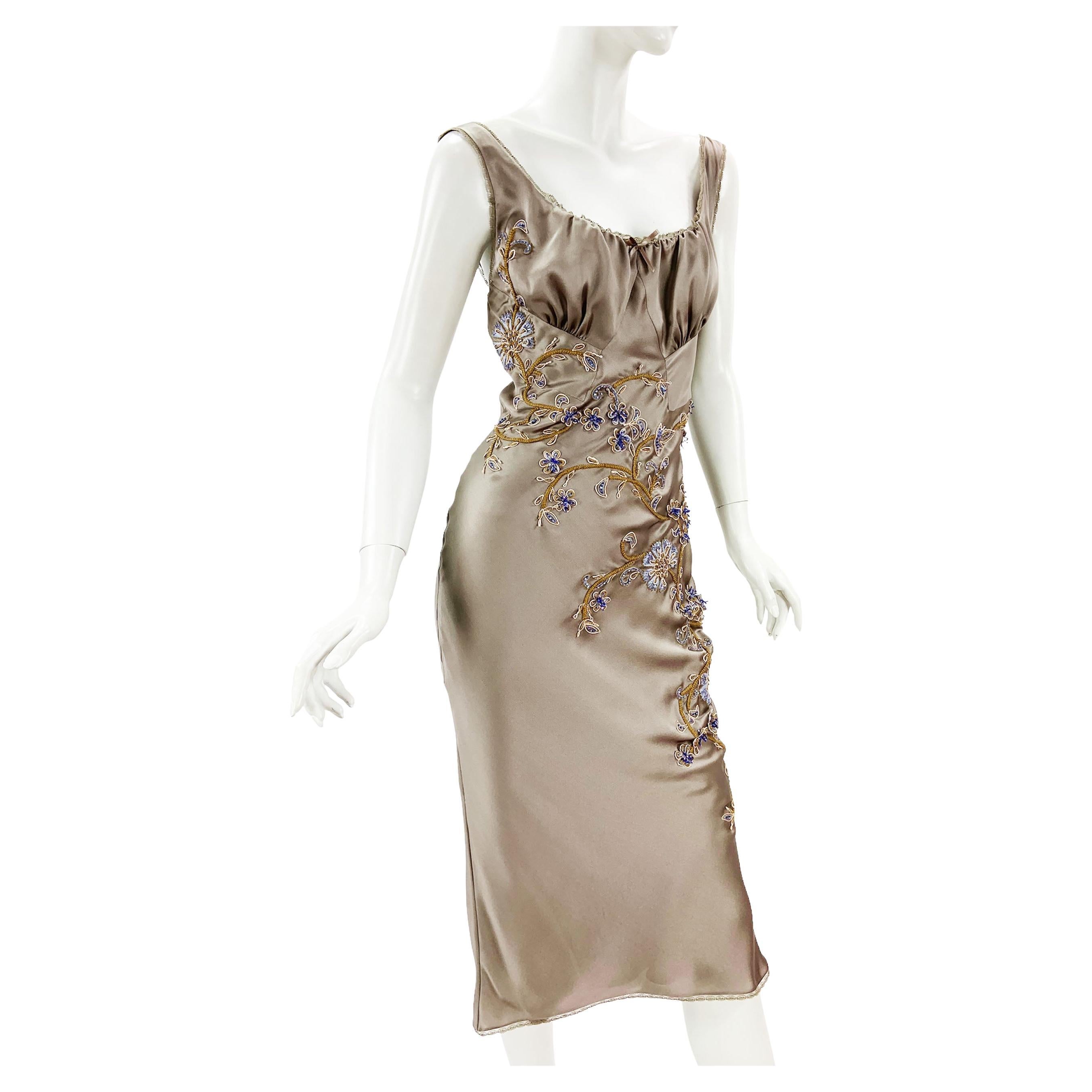 Christian Dior by John Galliano Silk Nude Embroidered Cocktail Dress Fr 38  US 6 For Sale