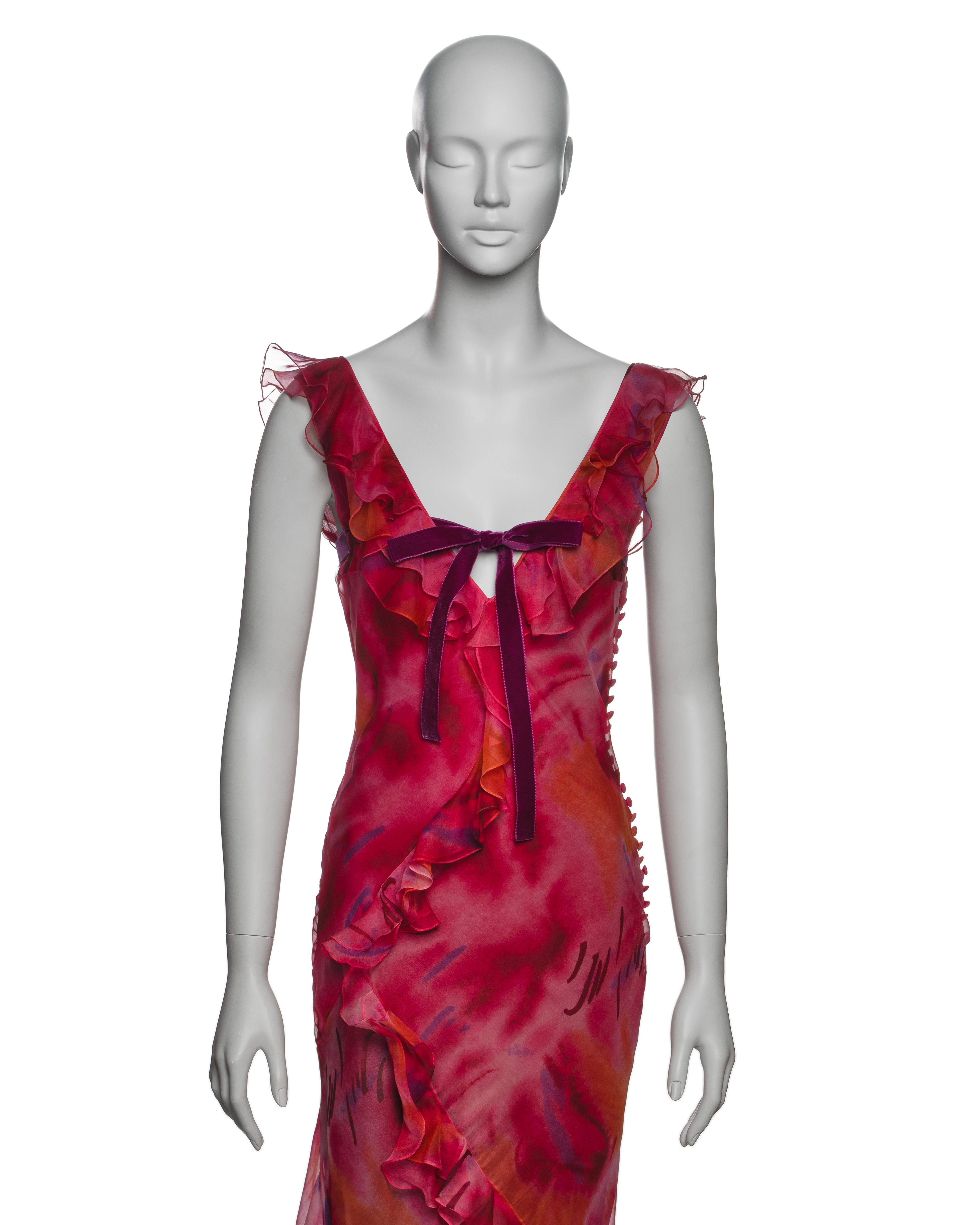 Red Christian Dior by John Galliano Silk Organza Ruffled Dress with Bow, SS 2001 For Sale