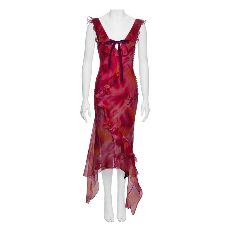 dior ruffle detail silk dress 2003 Christian Dior by John Galliano Ruby Red Silk Bias-Cut Ruffle Gown