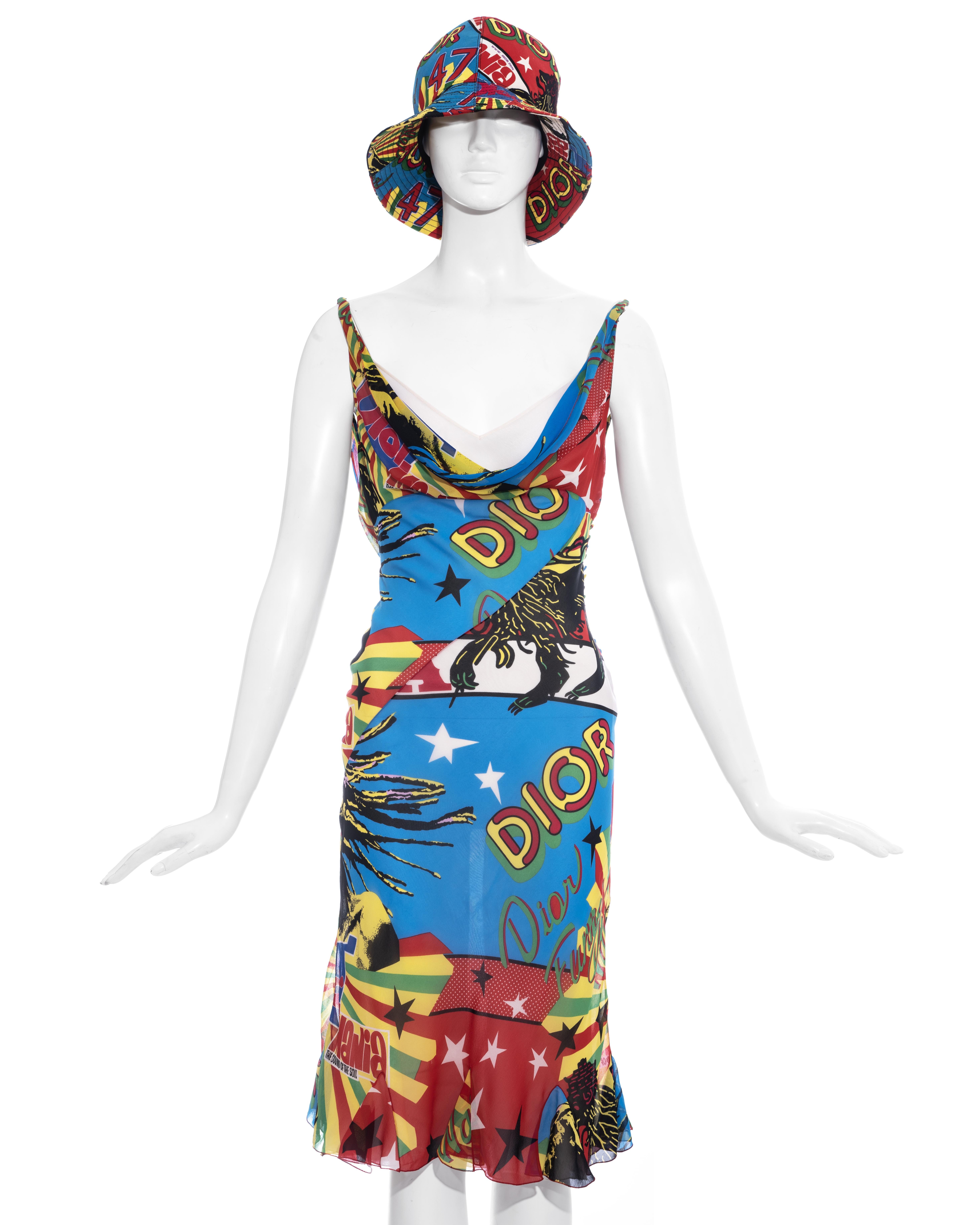 Christian Dior by John Galliano silk chiffon mid-length slip dress and matching bucket hat with signature 'Rasta Mania' print, draped cleavage, open back, fabric button fastenings and attached cream silk slip dress   

Spring-Summer 2004