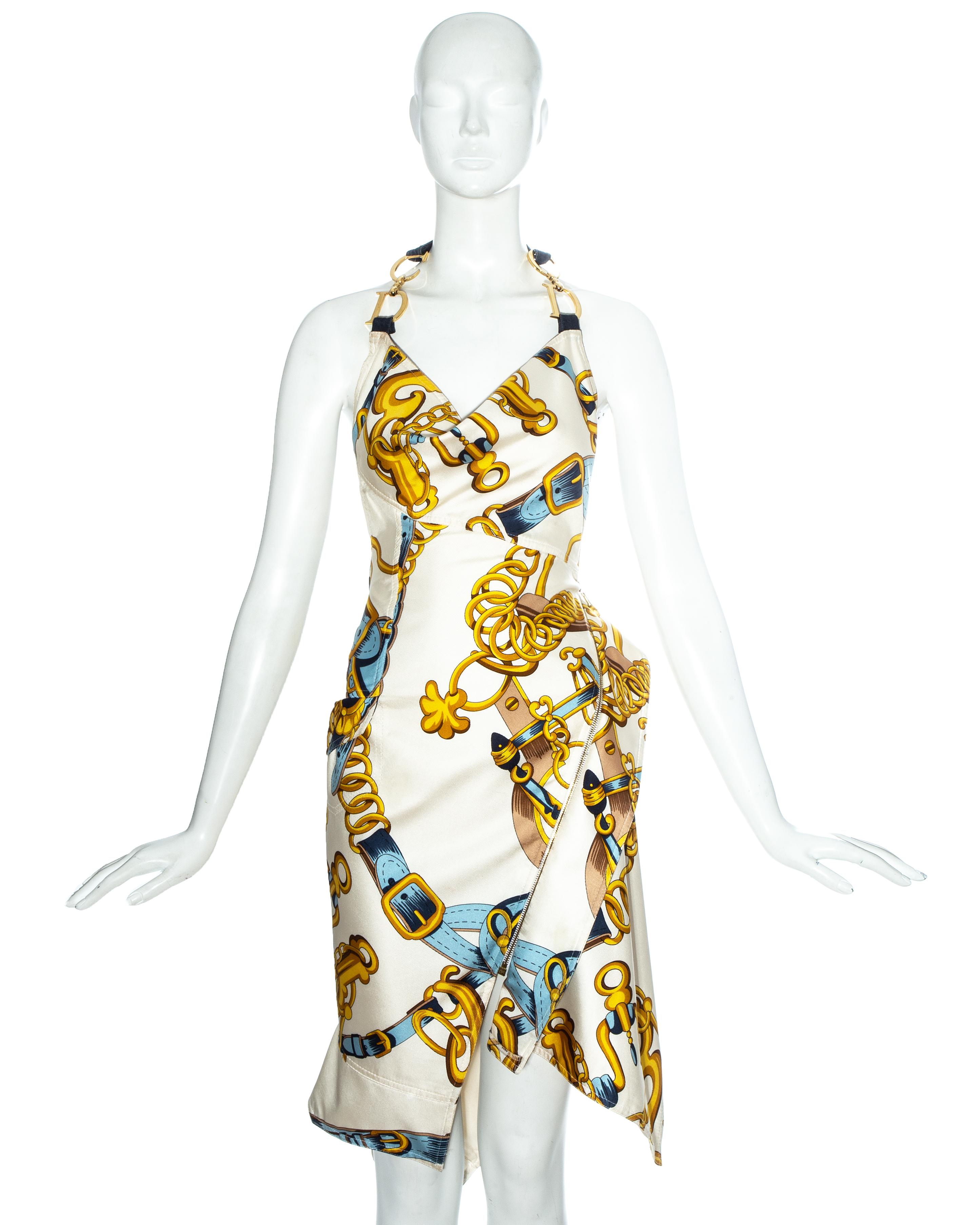 Christian Dior by John Galliano, silk scarf bias cut dress with denim halter neck with two gold plated 'C-D' chains, cowl neckline, asymmetric hemline and diagonal zip closure. 

Spring-Summer 2000