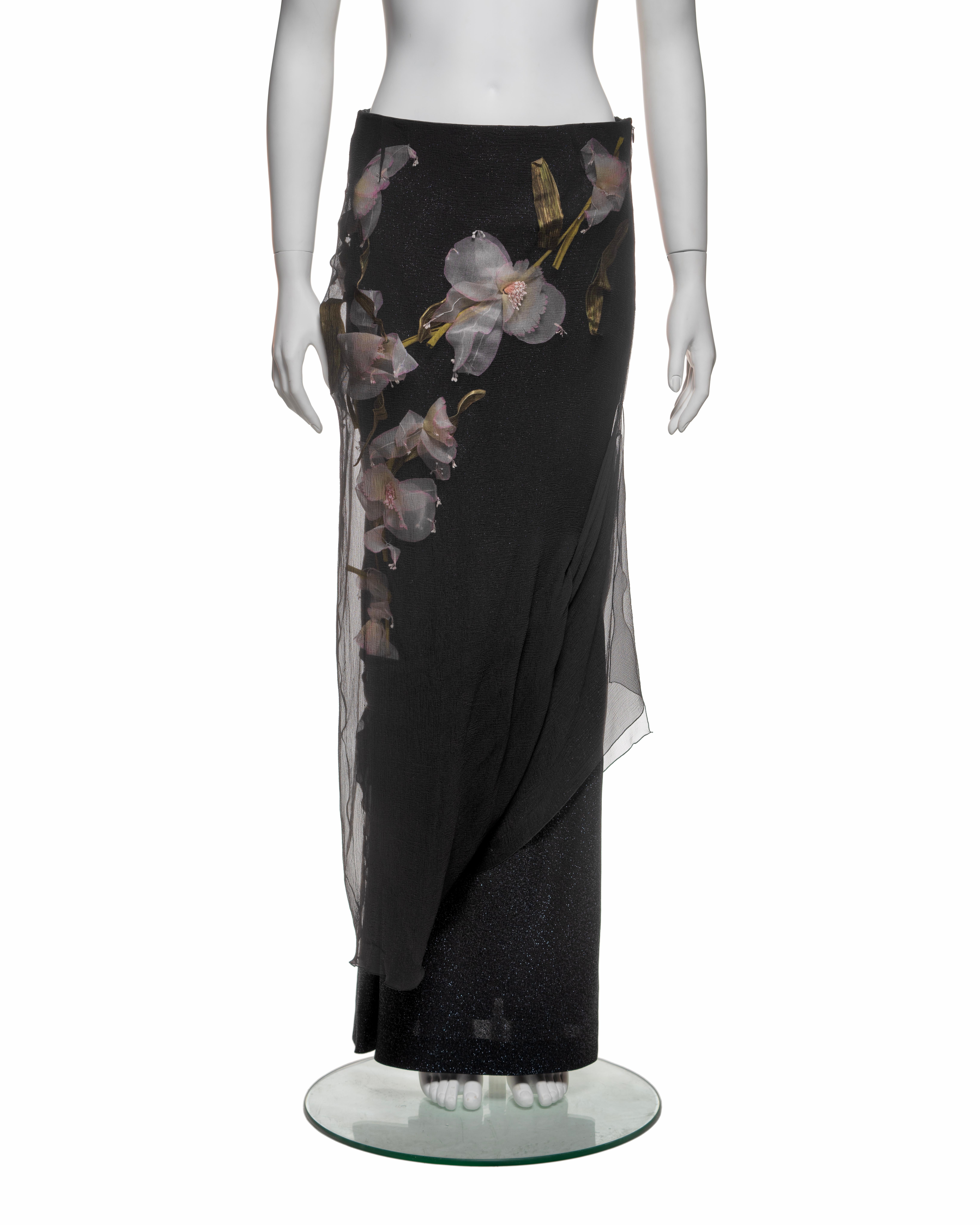 Black Christian Dior by John Galliano Silk Skirt with Floral Appliqués, FW 1997