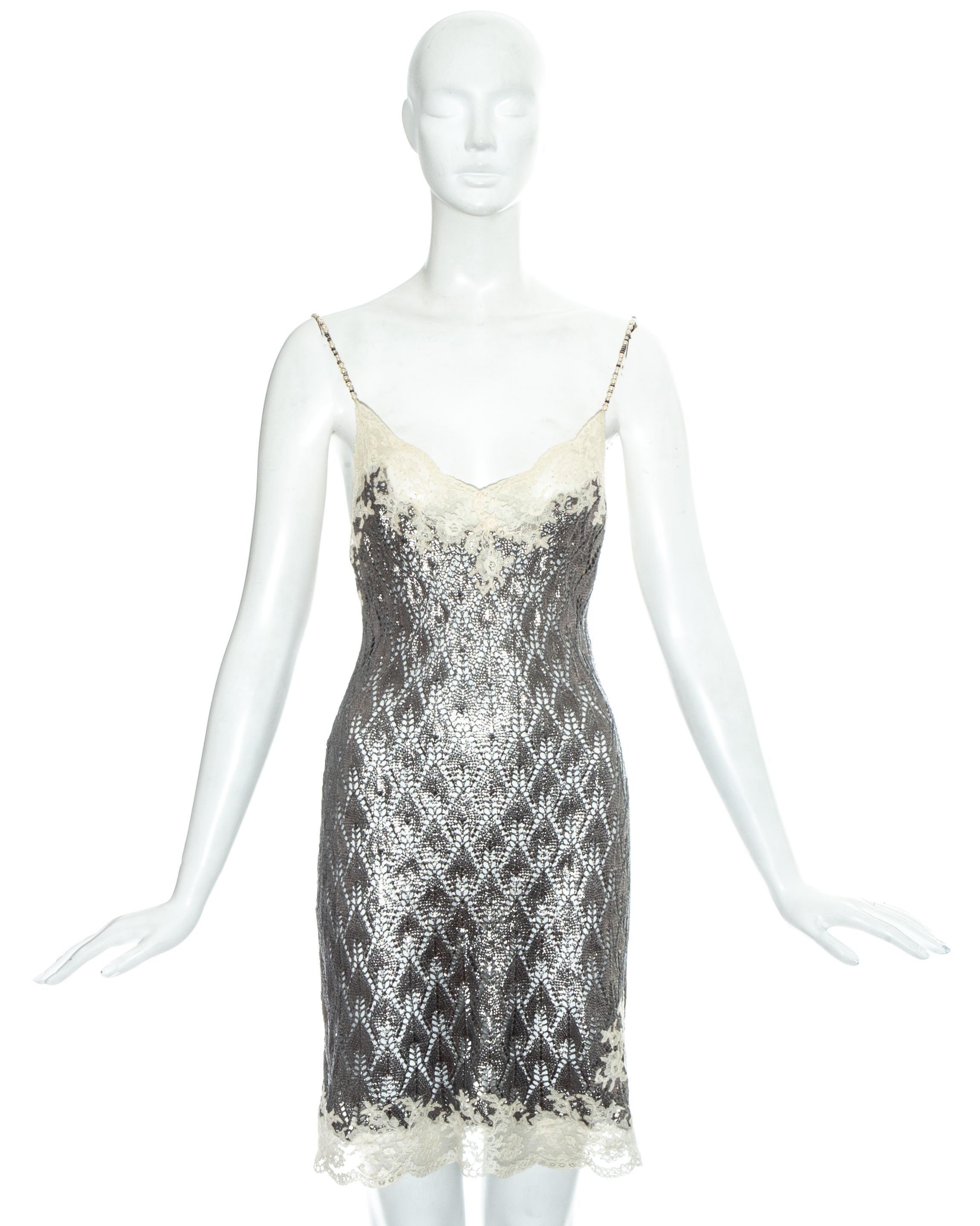 Christian Dior by John Galliano metallic silver crochet knit evening mini dress with cream lace trim and beaded spaghetti straps

Spring-Summer 1998