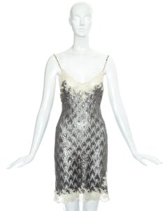 Christian Dior by John Galliano silver crochet knit and lace slip dress, ss 1998