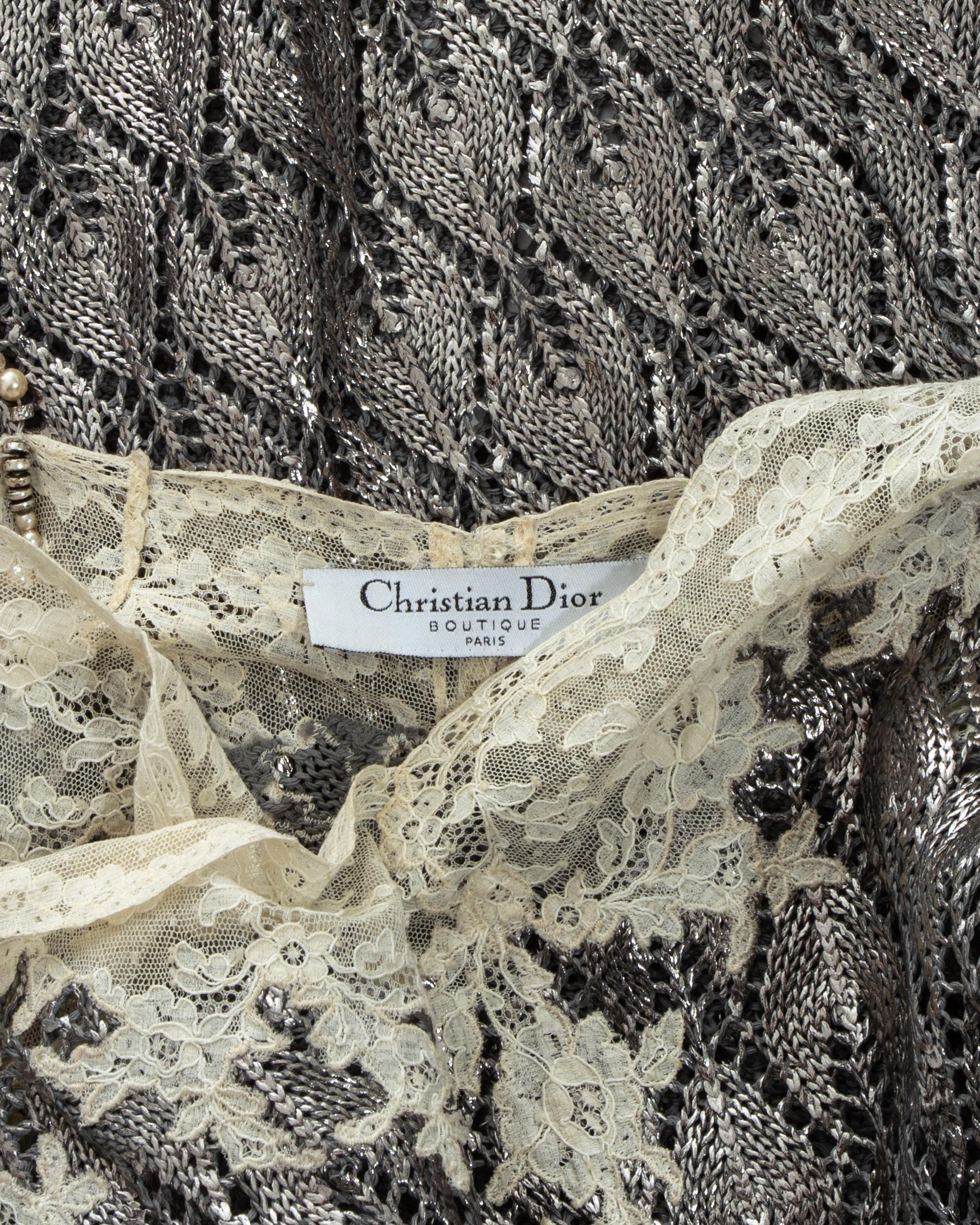 Silver Christian Dior by John Galliano silver crochet knit and lace slip dress, ss 1998