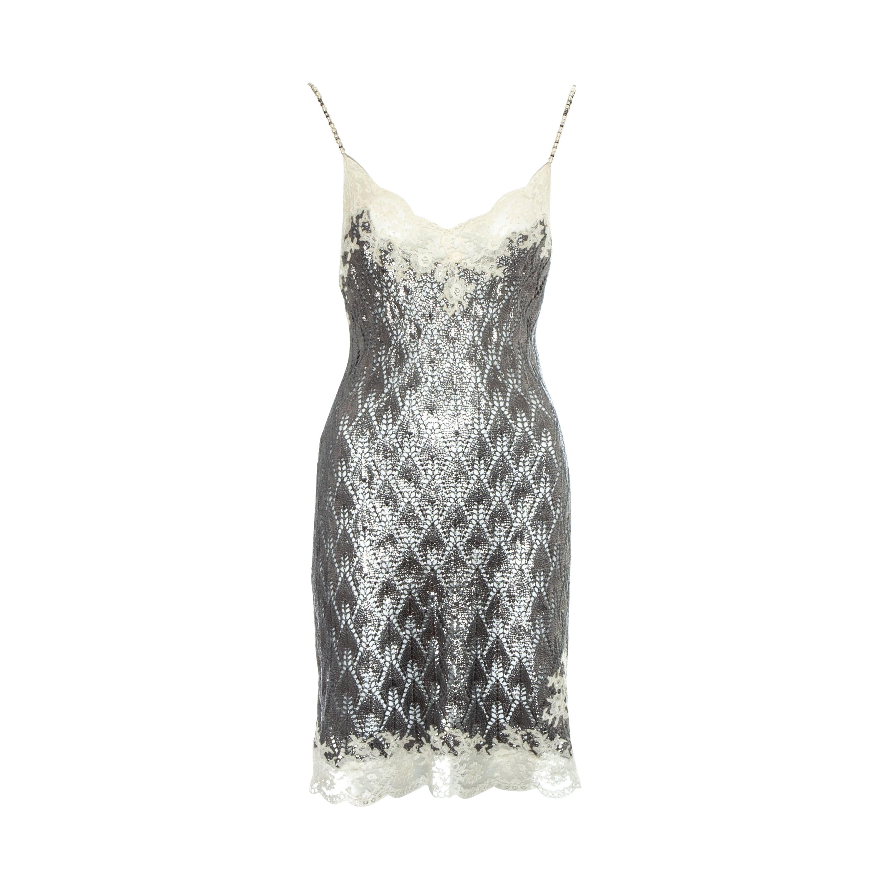 Christian Dior by John Galliano silver crochet knit and lace slip dress, ss 1998