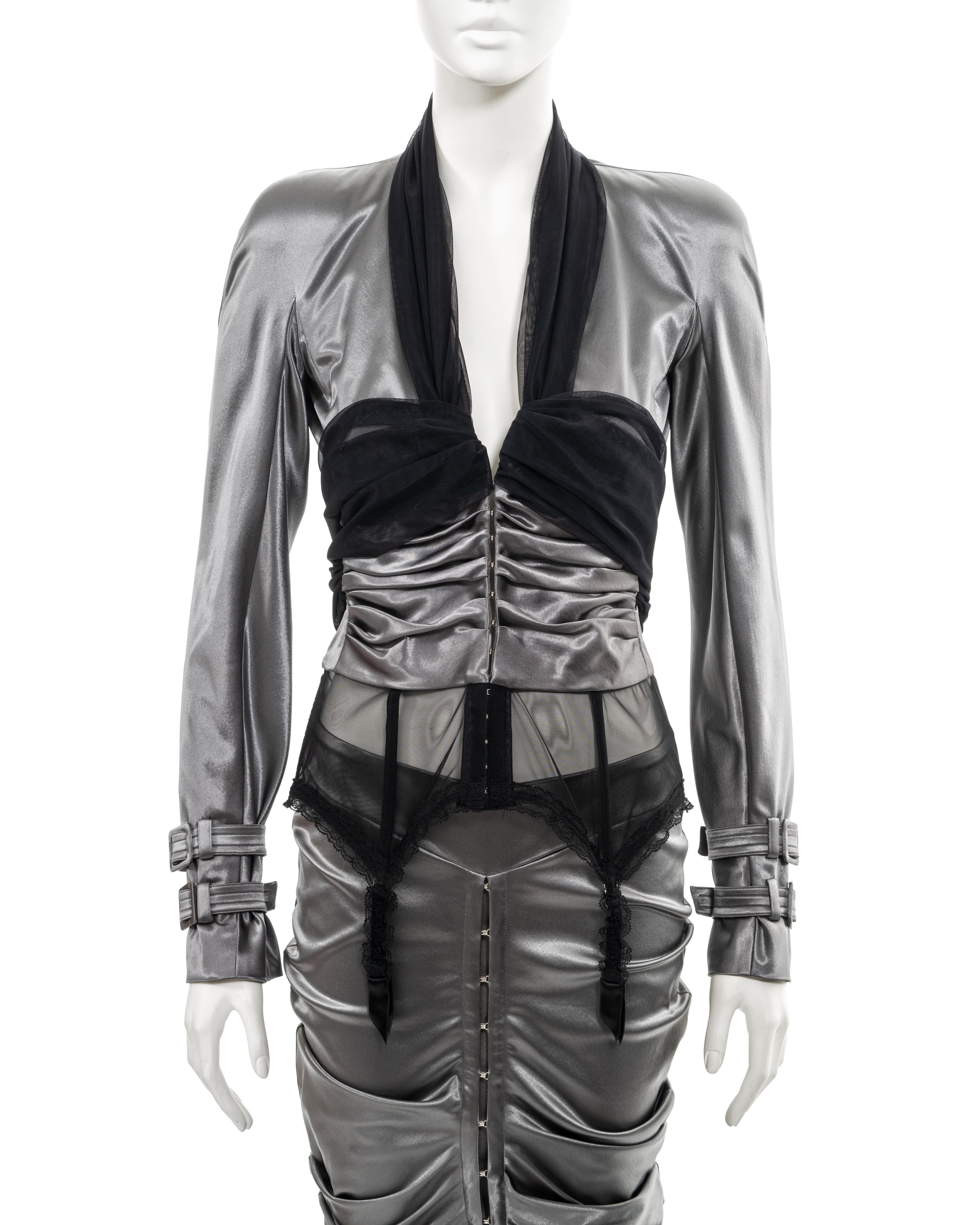Christian Dior by John Galliano silver-grey stretch satin skirt suit, ss 2004 In Excellent Condition In London, GB