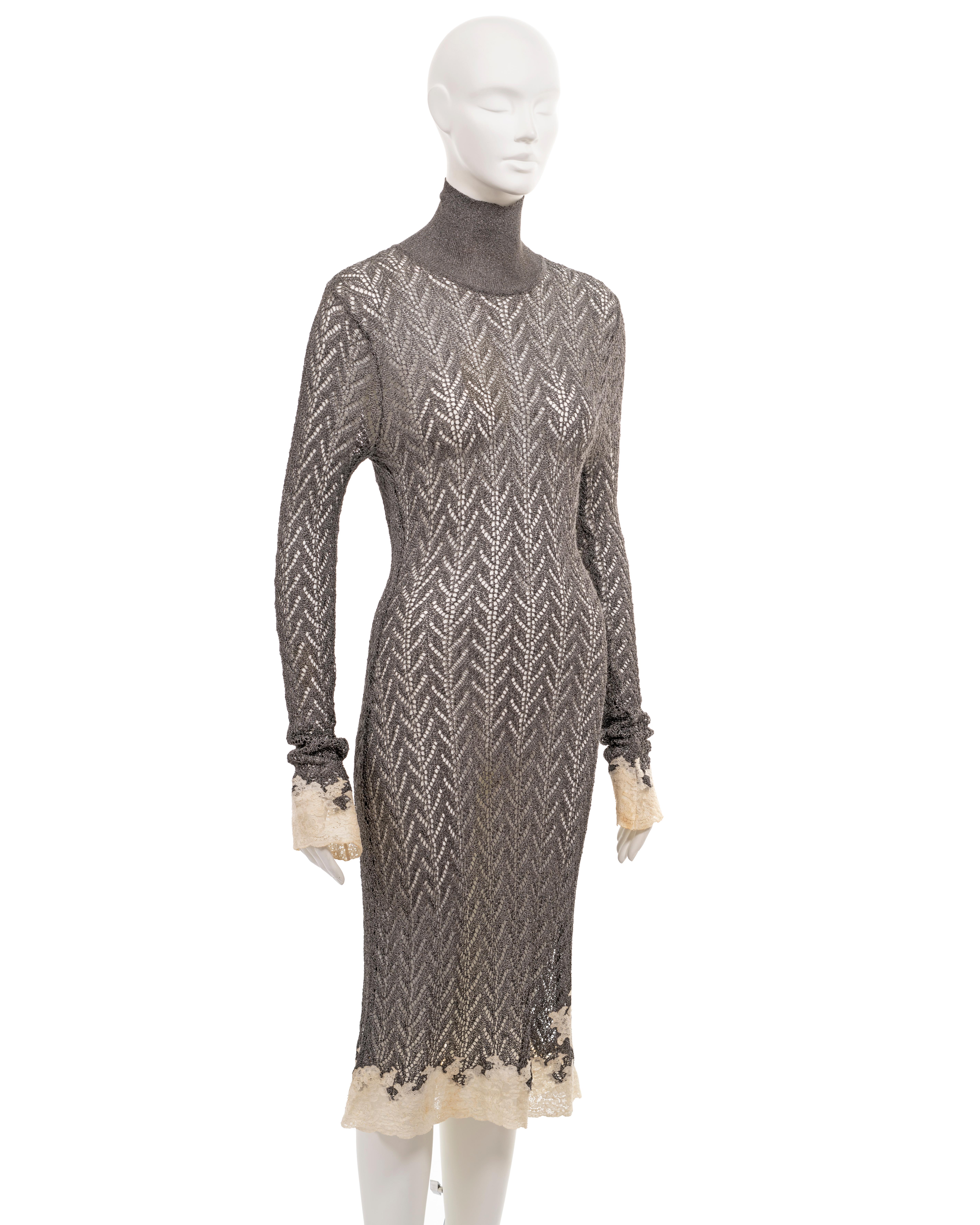 Christian Dior by John Galliano silver open-knit dress with lace trim, fw 1998 For Sale 6
