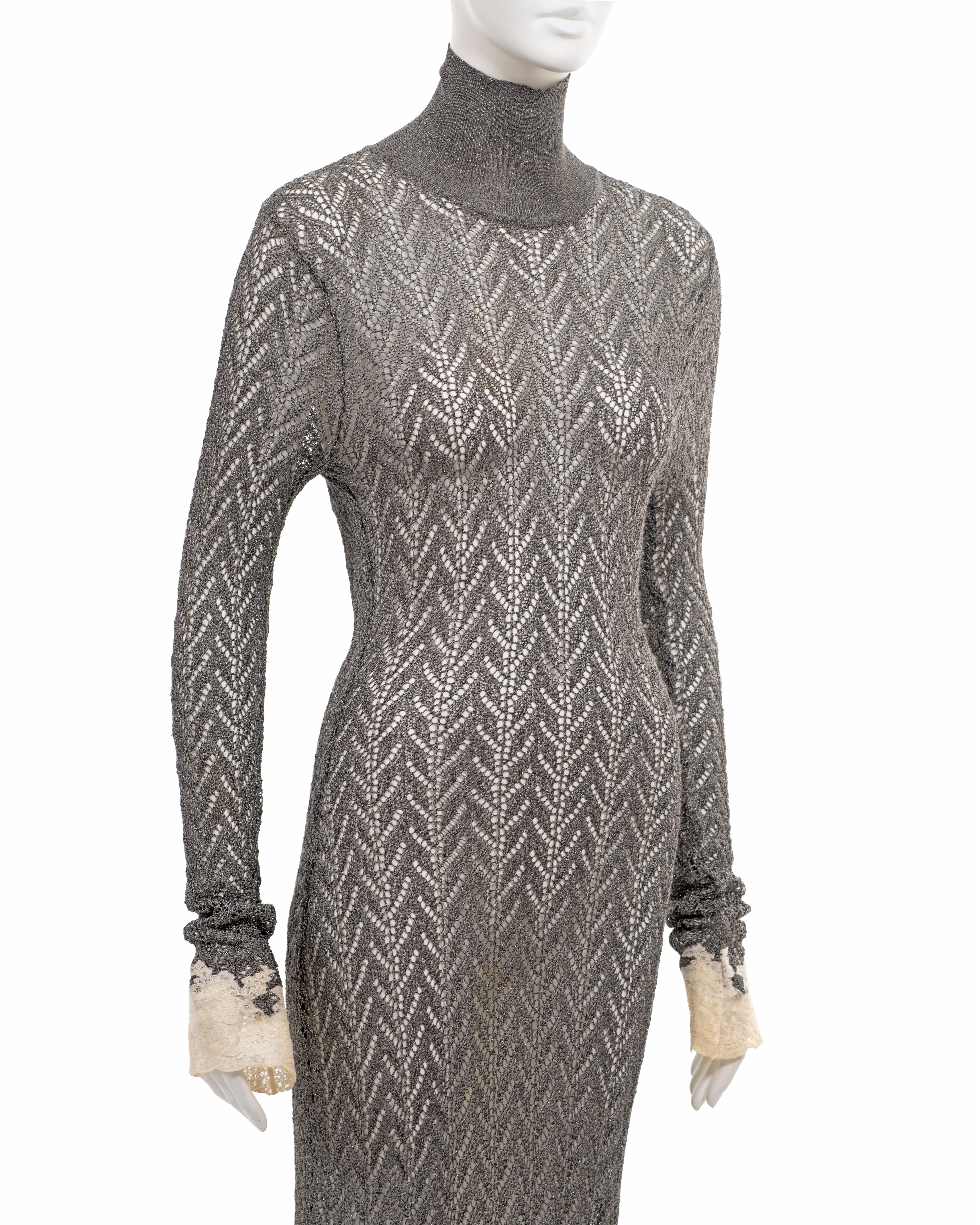 Christian Dior by John Galliano silver open-knit dress with lace trim, fw 1998 For Sale 7