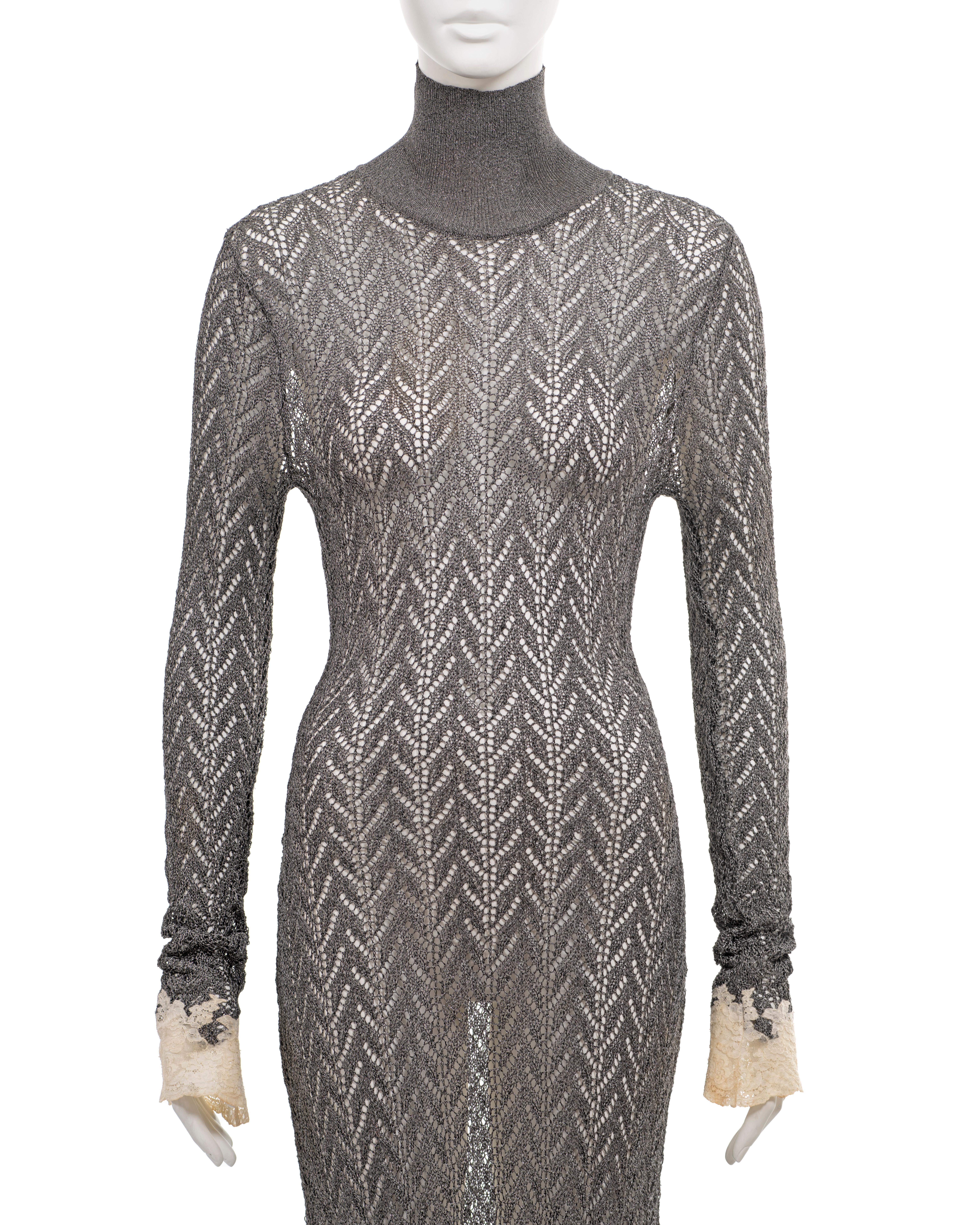 Christian Dior by John Galliano silver open-knit dress with lace trim, fw 1998 In Good Condition For Sale In London, GB