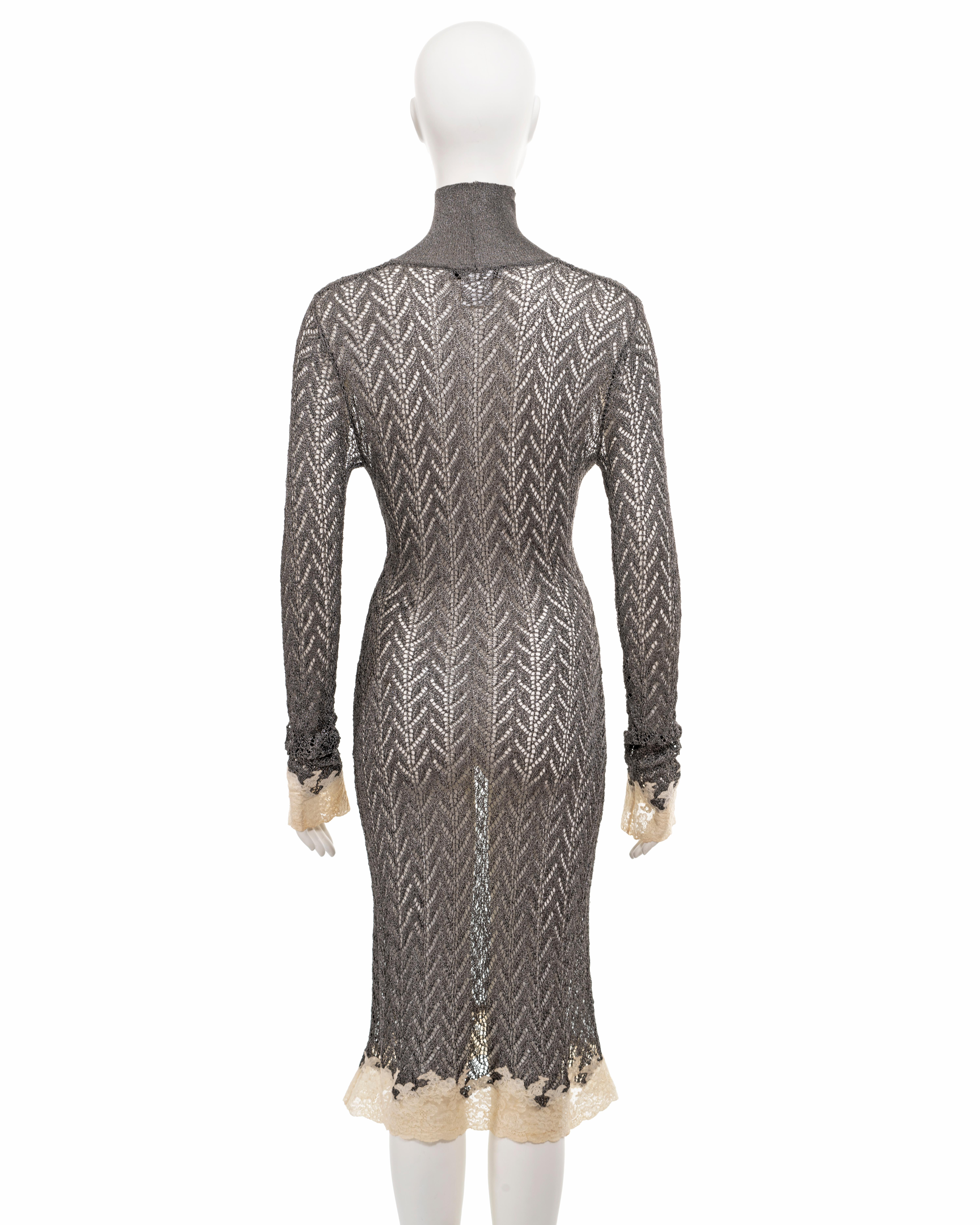 Christian Dior by John Galliano silver open-knit dress with lace trim, fw 1998 For Sale 4