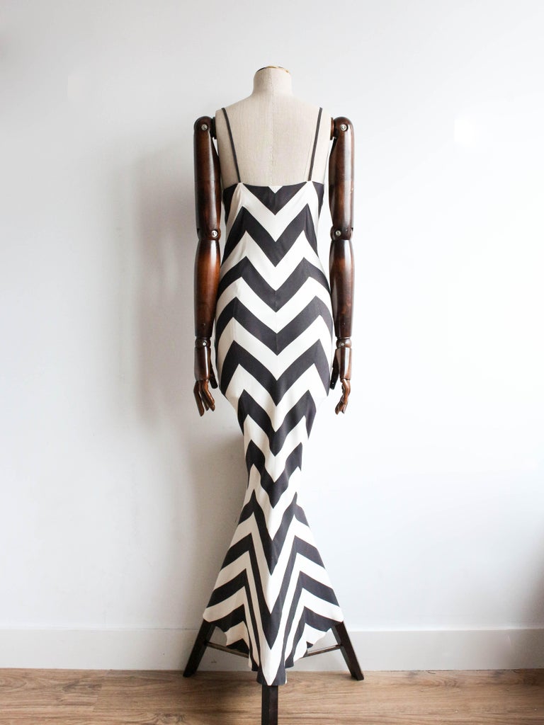 chevron maxi dress black and white 1970s Chevron Maxi Dress, Black and White Disco Gown, Small