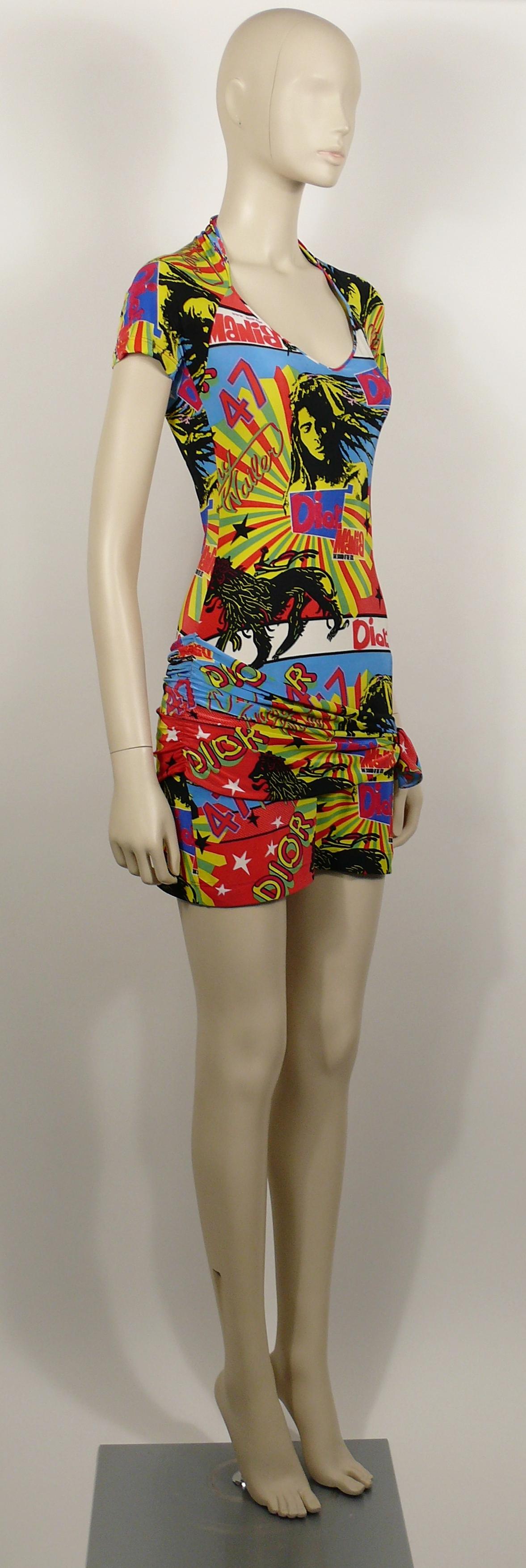 CHRISTIAN DIOR by JOHN GALLIANO rare rastafari reggae BOB MARLEY print mini dress.

Spring/Summer 2004 Collection.

This dress features :
- Stretchy fabric printed all over with colorful reggae motives.
- V shaped collar.
- Short sleeves.
- Faux