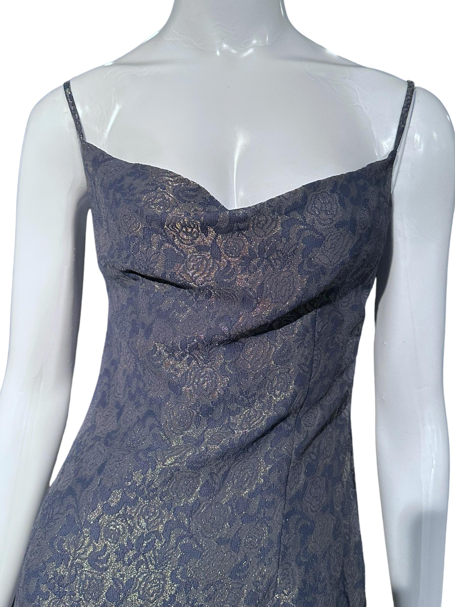 Gray Christian Dior By John Galliano Ss 1998 Blue And Gold Floral Silk Jacquard Dress For Sale