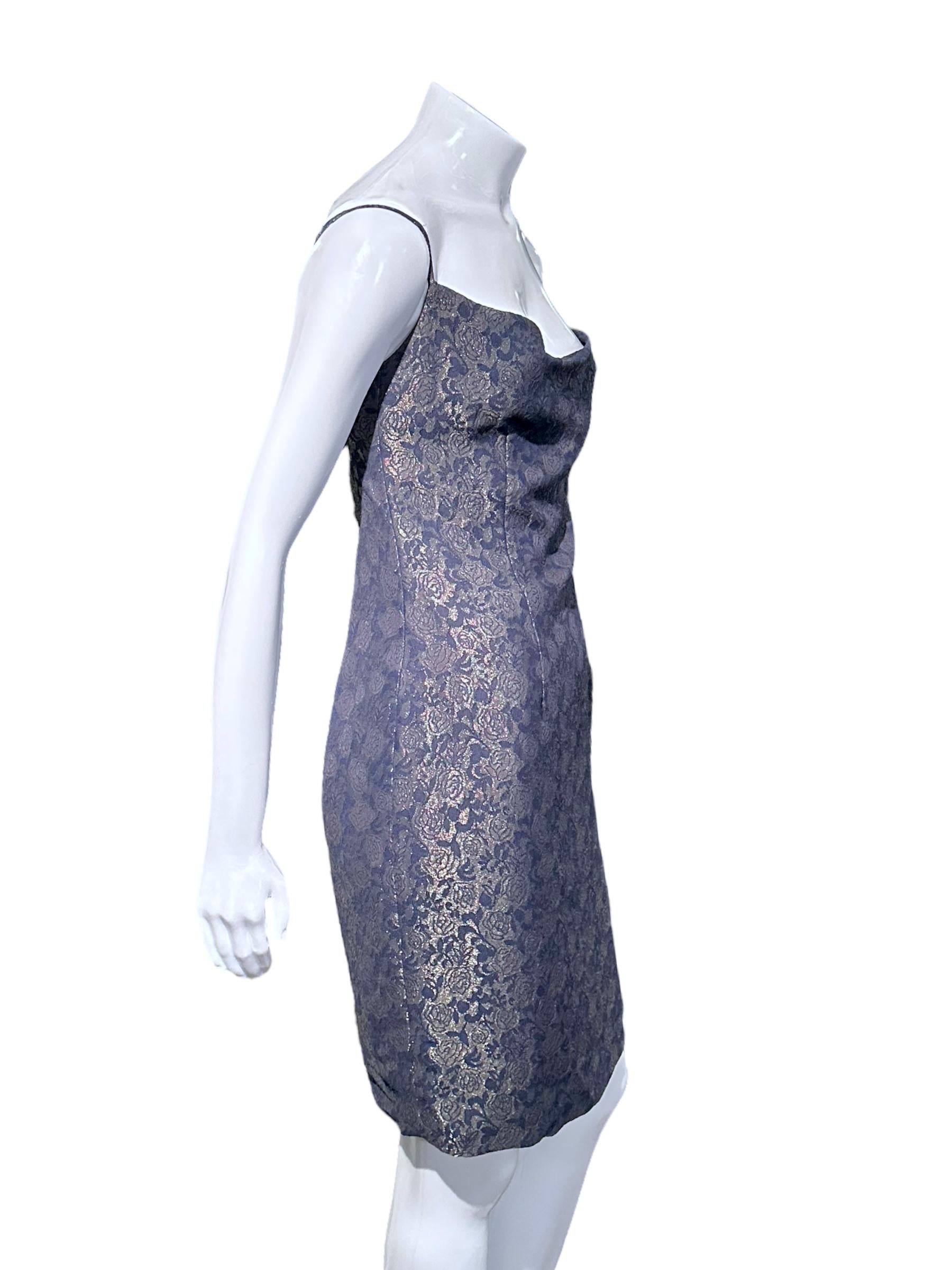 Women's Christian Dior By John Galliano Ss 1998 Blue And Gold Floral Silk Jacquard Dress For Sale