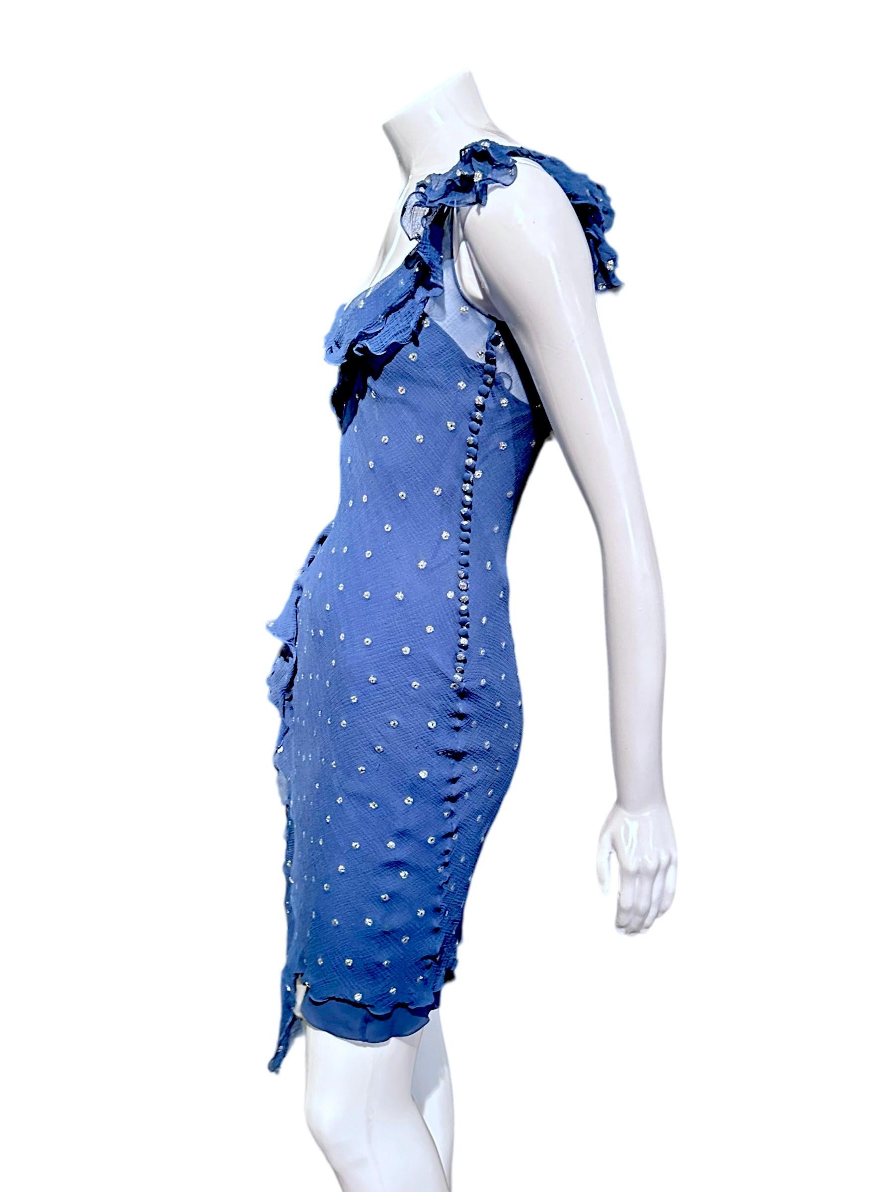 Christian Dior By John Galliano Ss 2002 Blue And Gold Polka Dot Bias Dress In Good Condition In São Paulo, SP