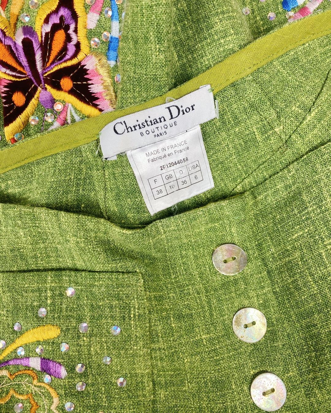 Christian Dior by John Galliano SS2002 Pantalón de lino bordado Verde en venta
