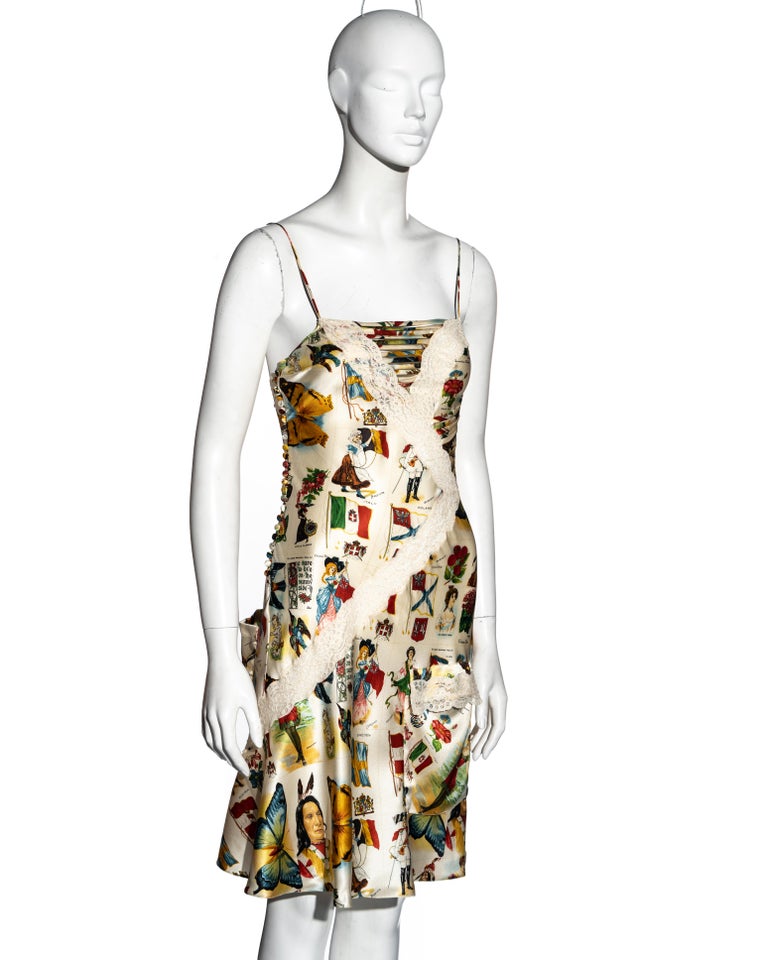 Christian Dior by John Galliano stamp print silk and lace slip dress ...