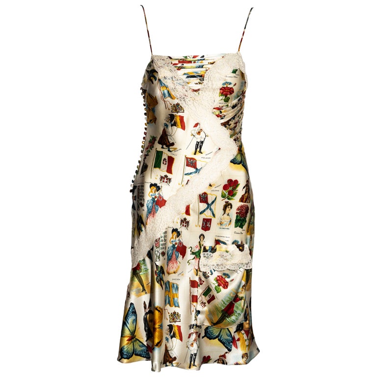 Christian Dior by John Galliano stamp print silk and lace slip dress, ss  2002