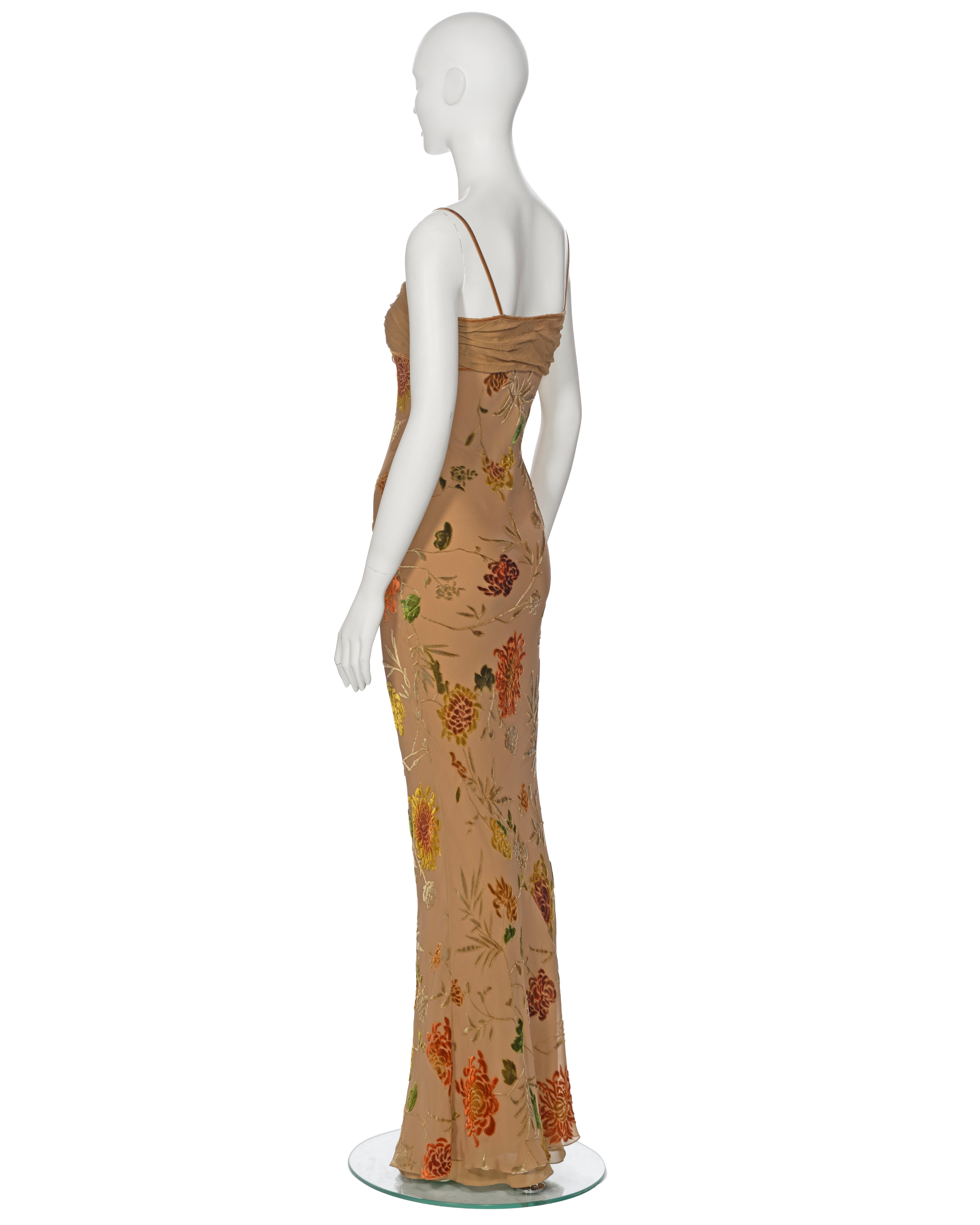  Christian Dior by John Galliano Tan Floral Velvet Devoré Maxi Dress, ss 2006 For Sale 6