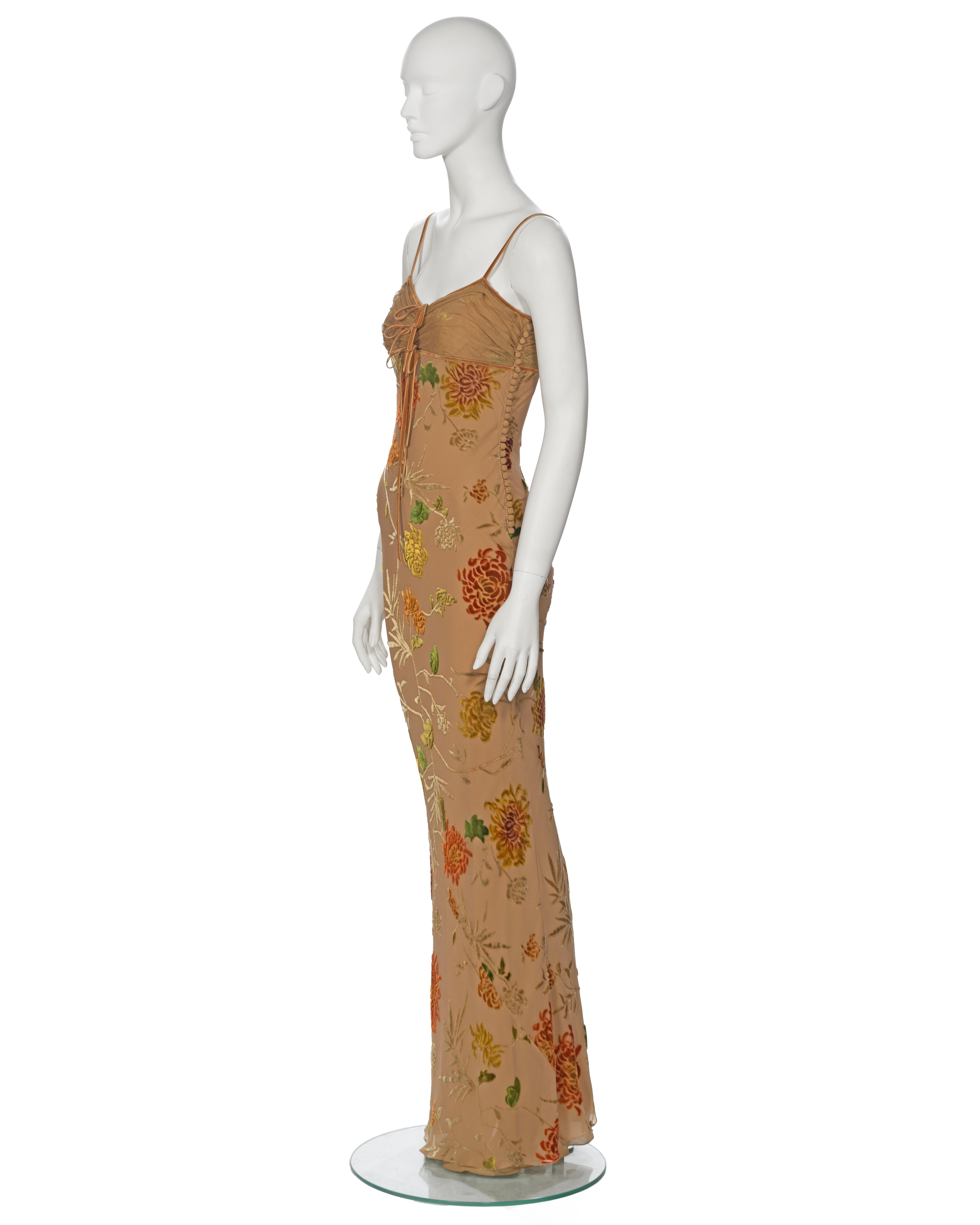  Christian Dior by John Galliano Tan Floral Velvet Devoré Maxi Dress, ss 2006 For Sale 7