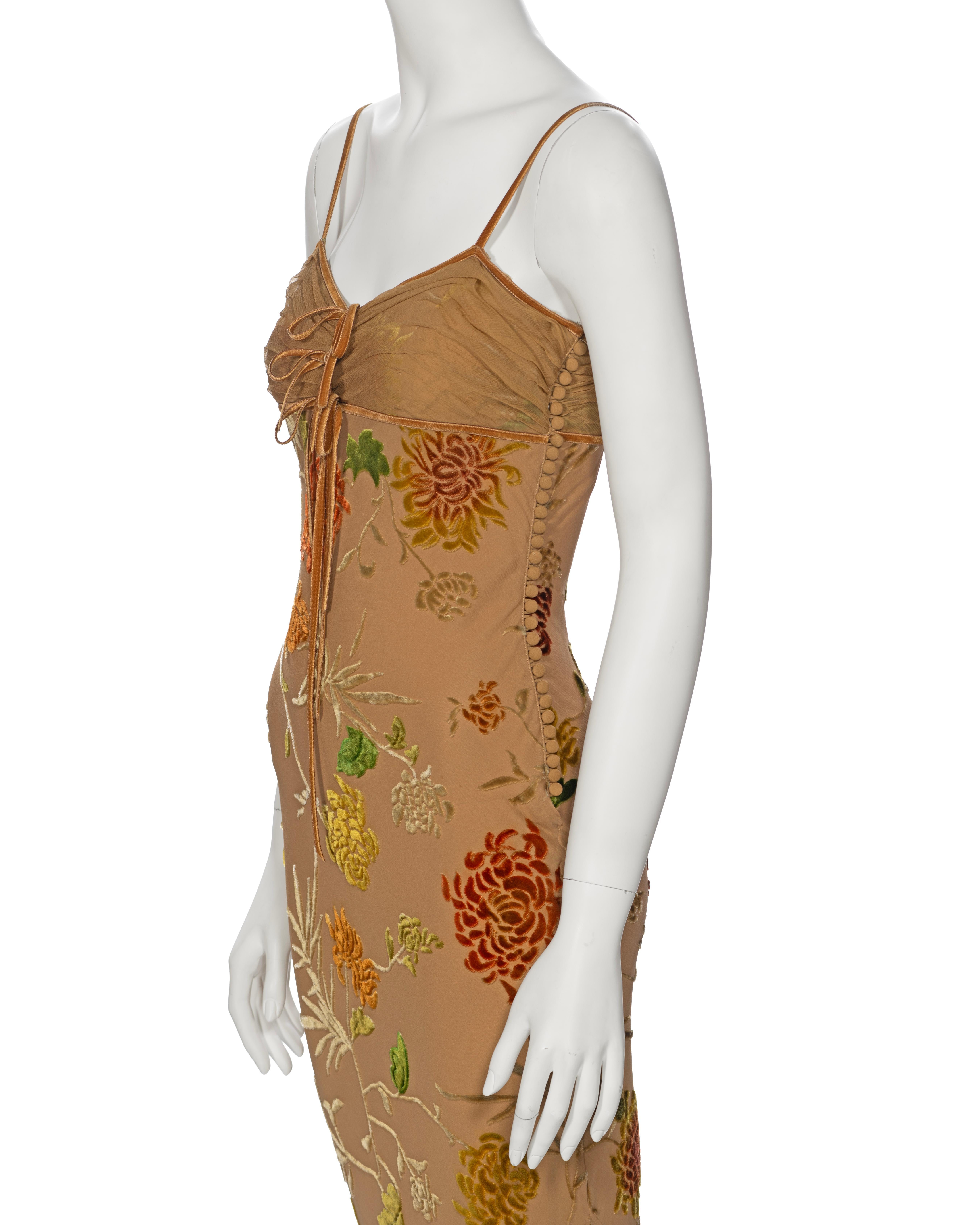  Christian Dior by John Galliano Tan Floral Velvet Devoré Maxi Dress, ss 2006 For Sale 8