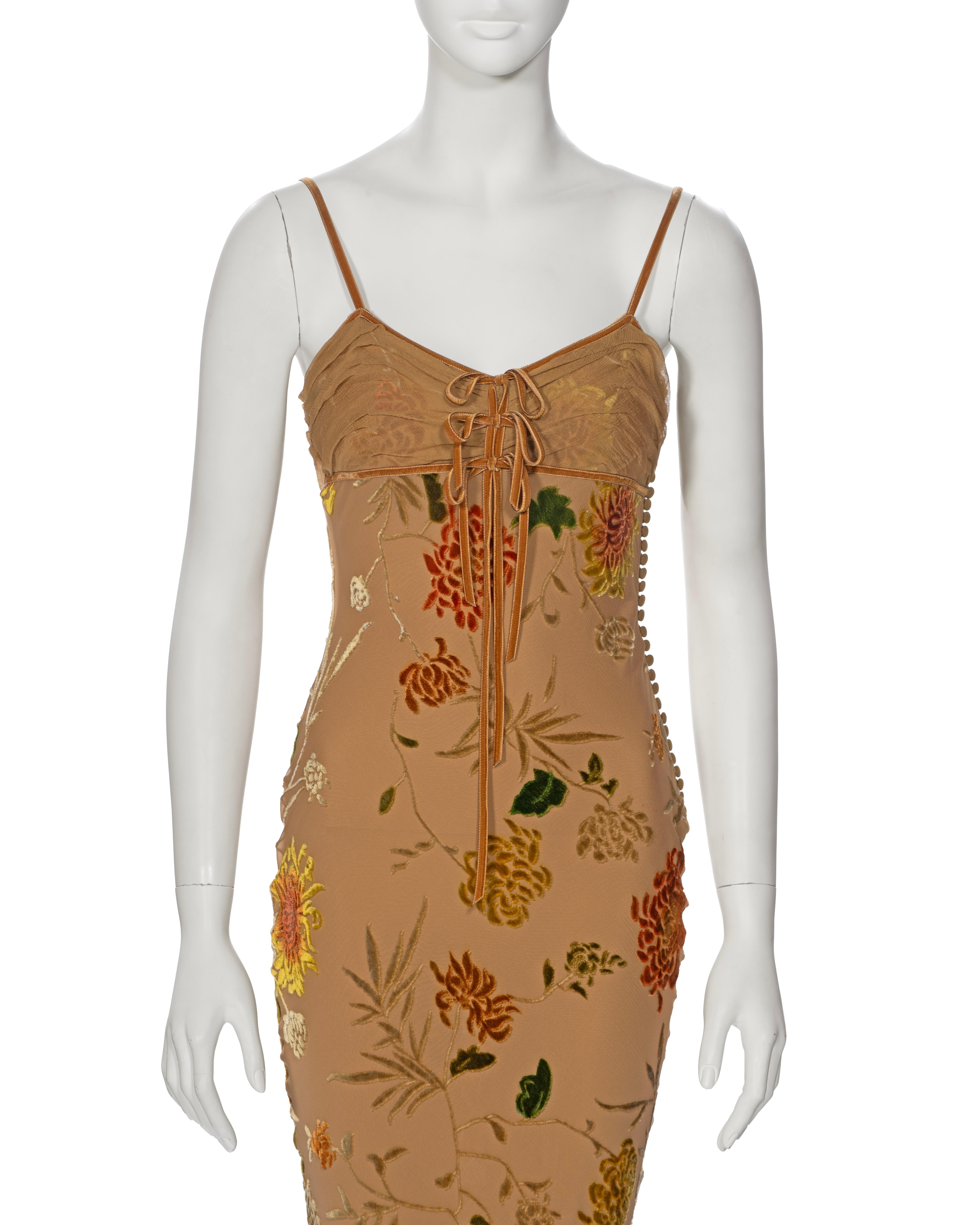  Christian Dior by John Galliano Tan Floral Velvet Devoré Maxi Dress, ss 2006 In Excellent Condition For Sale In London, GB