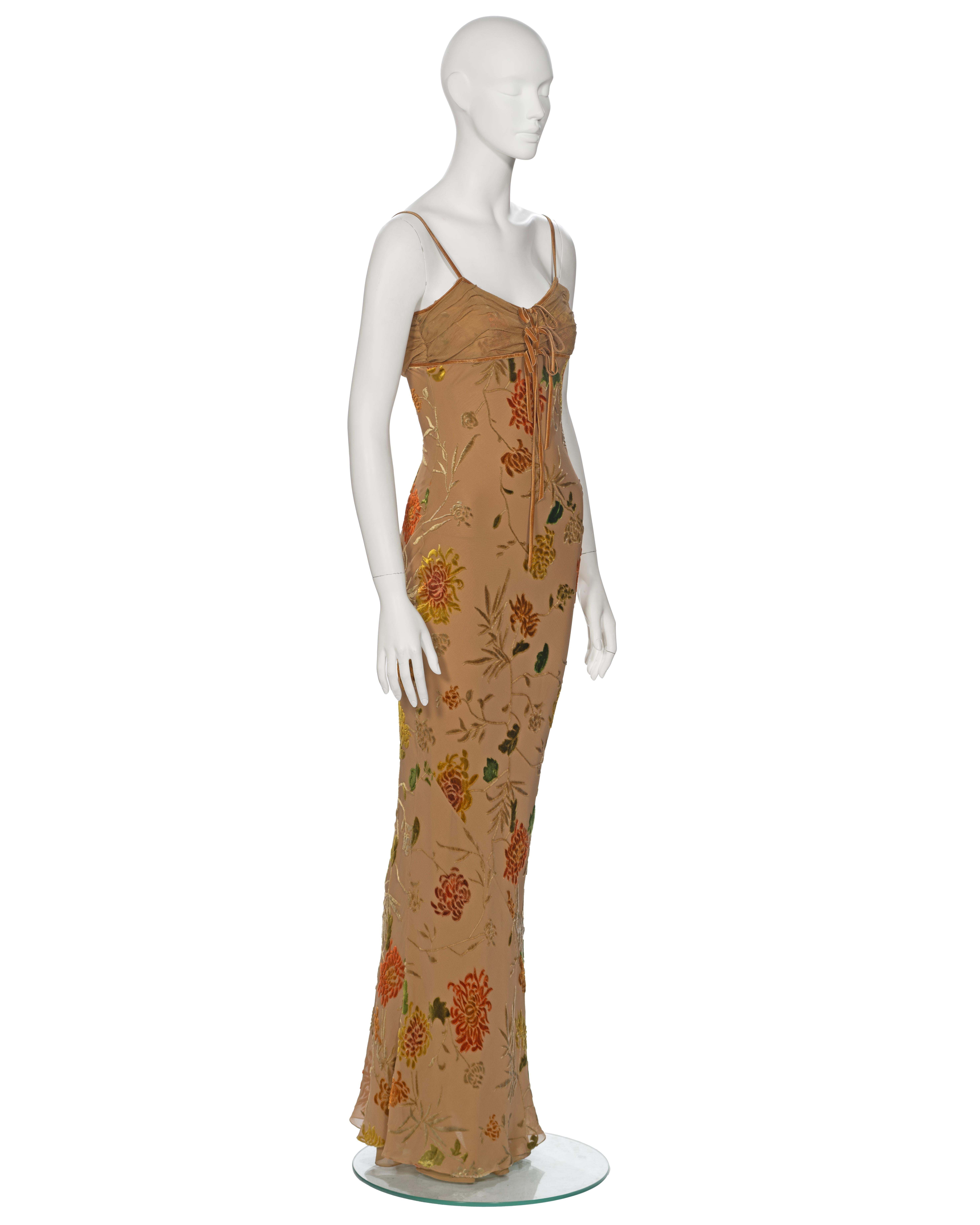  Christian Dior by John Galliano Tan Floral Velvet Devoré Maxi Dress, ss 2006 For Sale 1