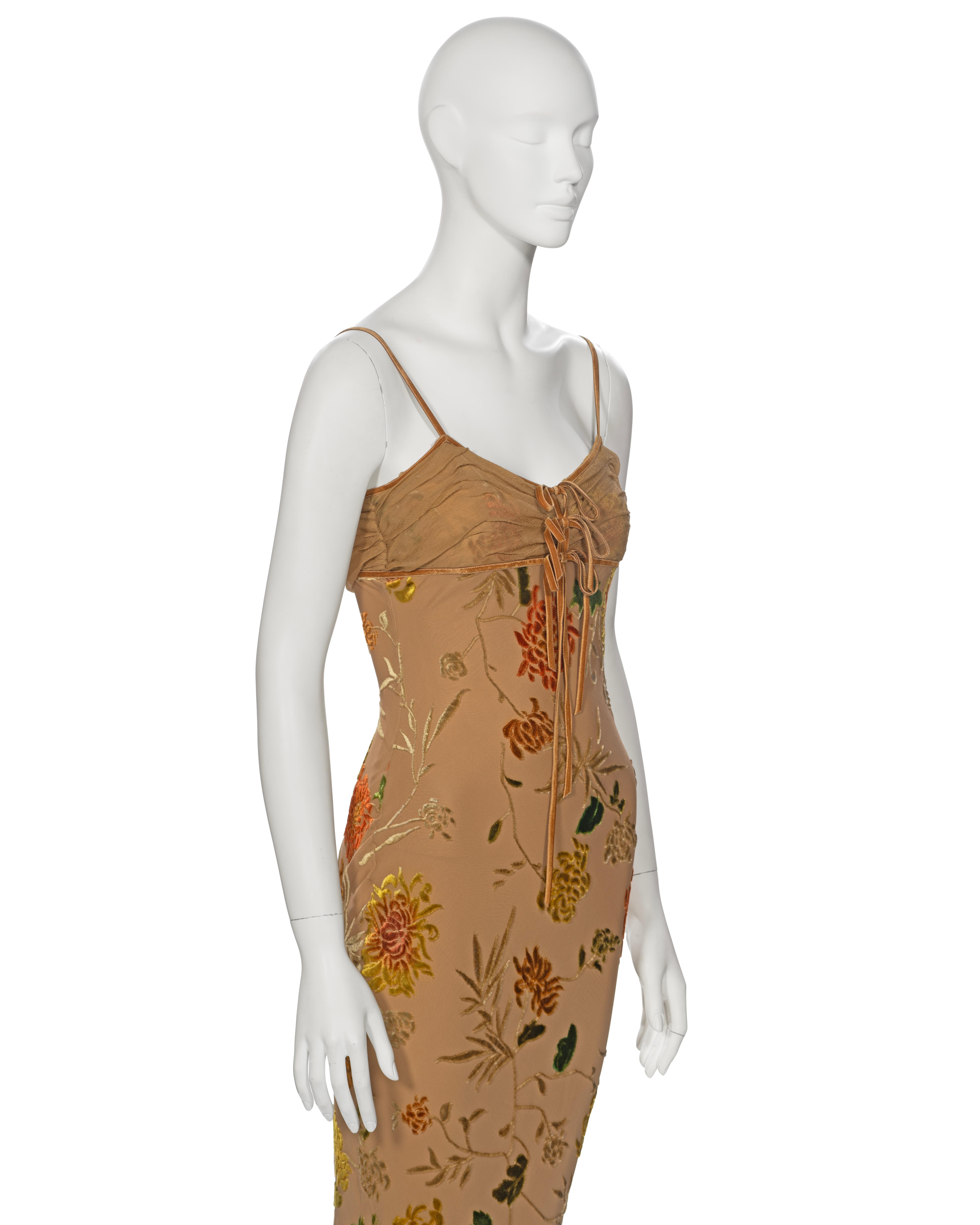  Christian Dior by John Galliano Tan Floral Velvet Devoré Maxi Dress, ss 2006 For Sale 2