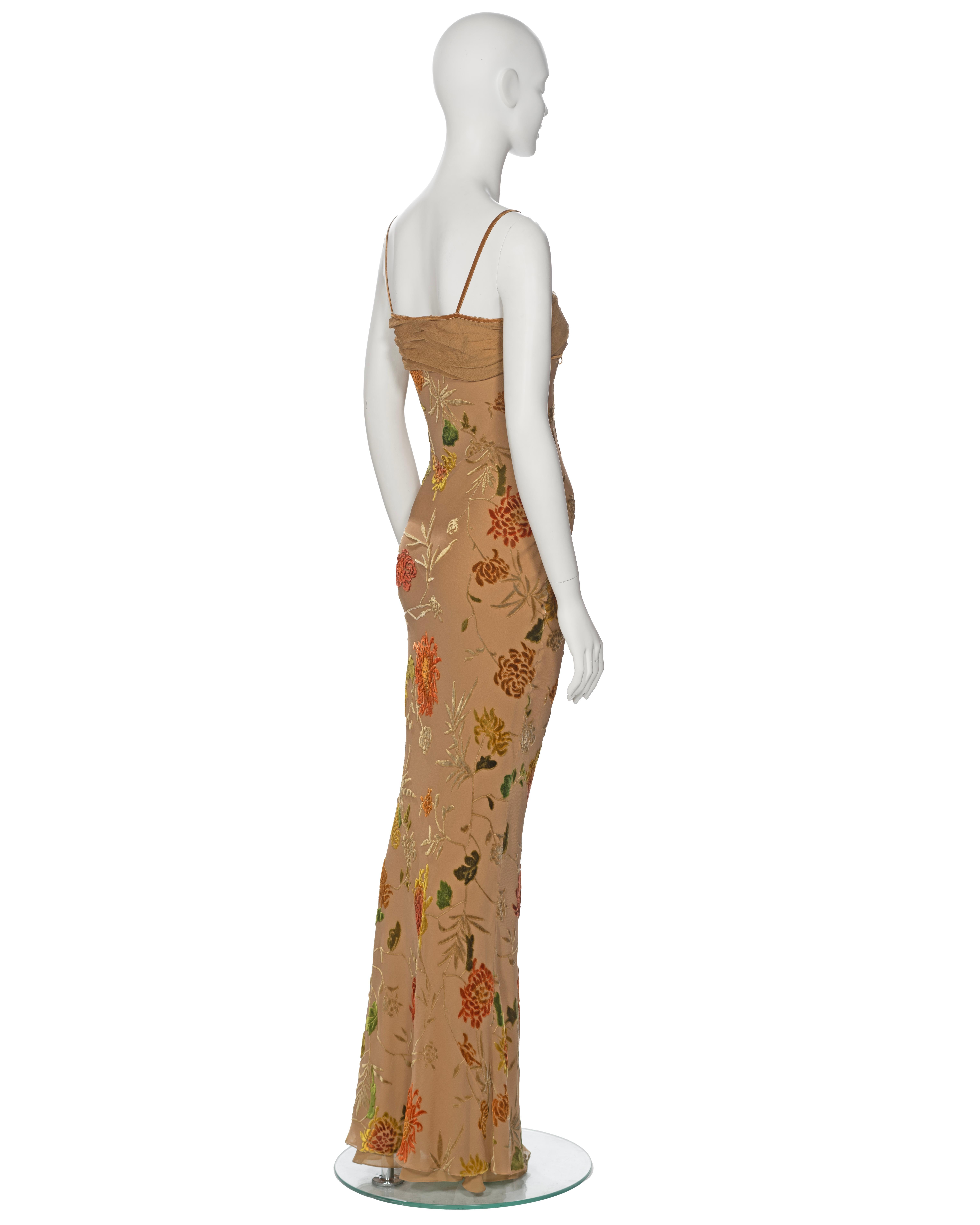  Christian Dior by John Galliano Tan Floral Velvet Devoré Maxi Dress, ss 2006 For Sale 3