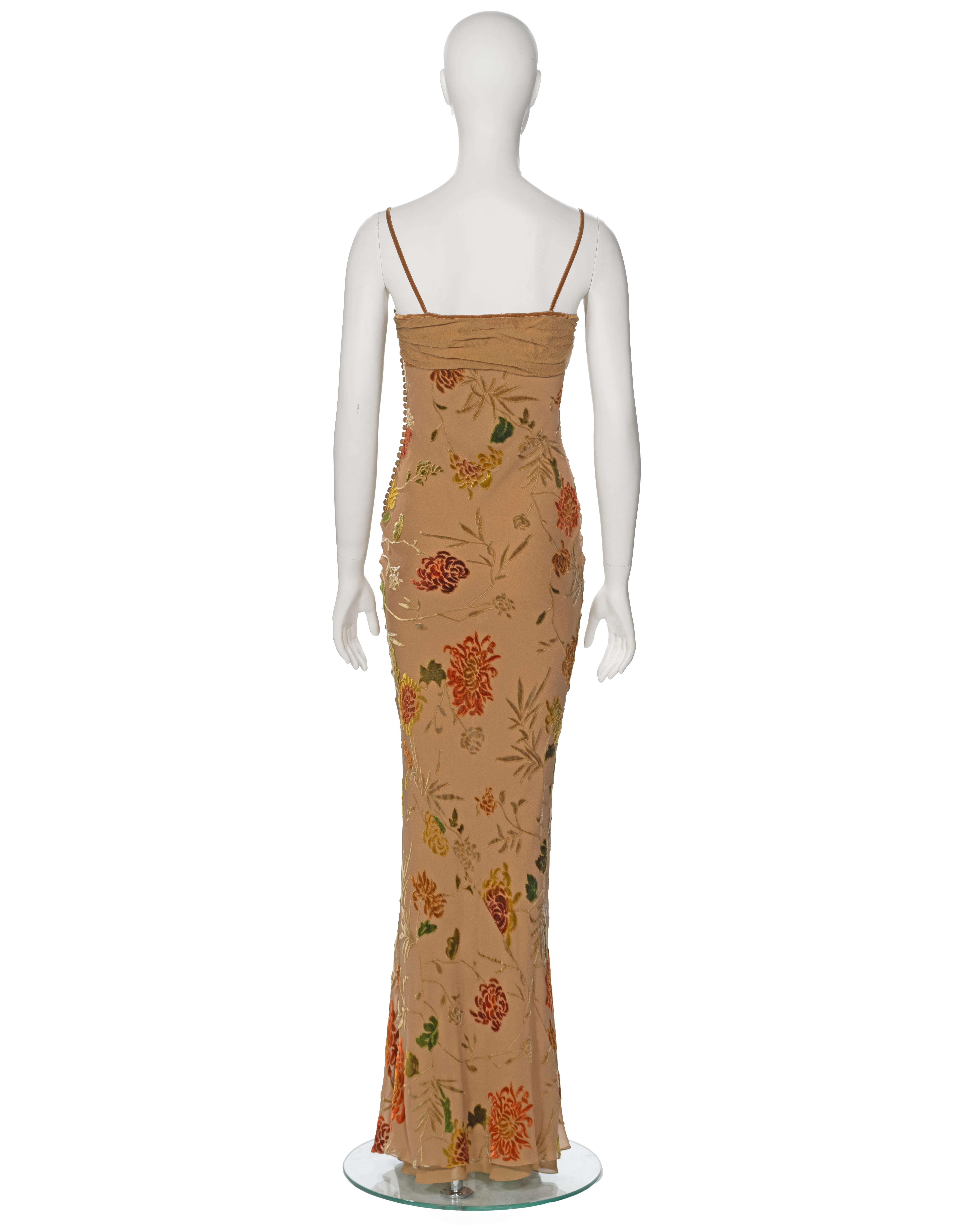  Christian Dior by John Galliano Tan Floral Velvet Devoré Maxi Dress, ss 2006 For Sale 4